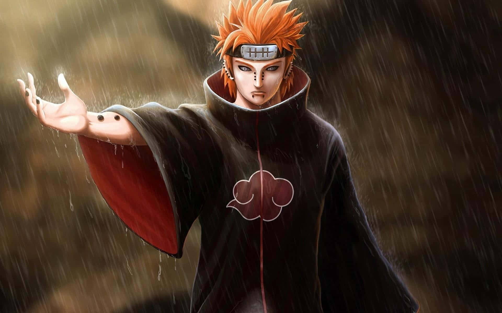Akatsuki Ninja 桌布 壁紙 — 一個動漫角色，有著刺蝟般的橙色頭髮和黑色斗篷，在傾盆大雨中伸出一隻手站立。