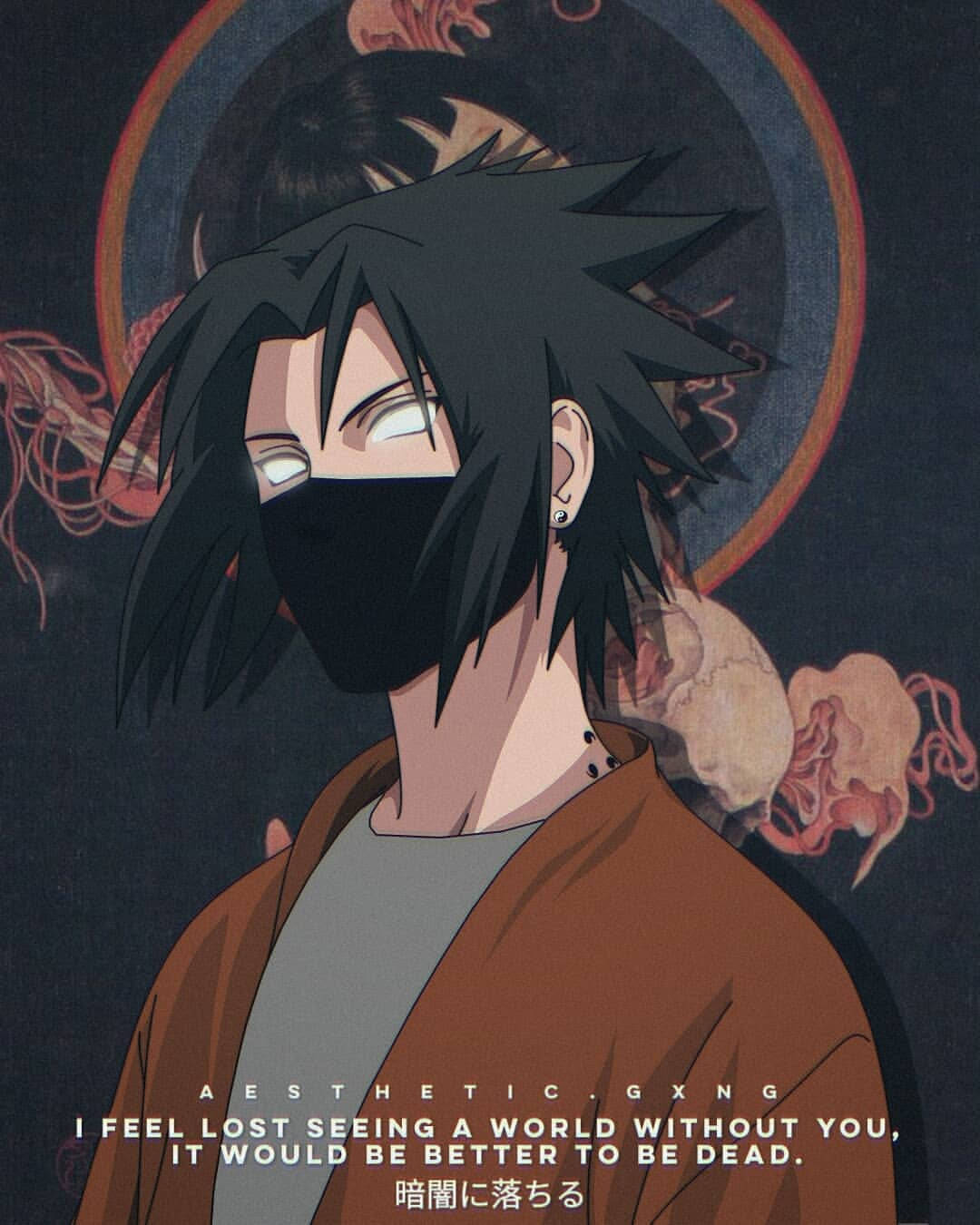 sasuke uchiha 桌布 壁紙 — 一個動漫角色，有著刺蝟般的黑色頭髮和黑色面具，在帶有紅色圓形圖案和漂浮頭骨的黑暗背景中向上凝視。