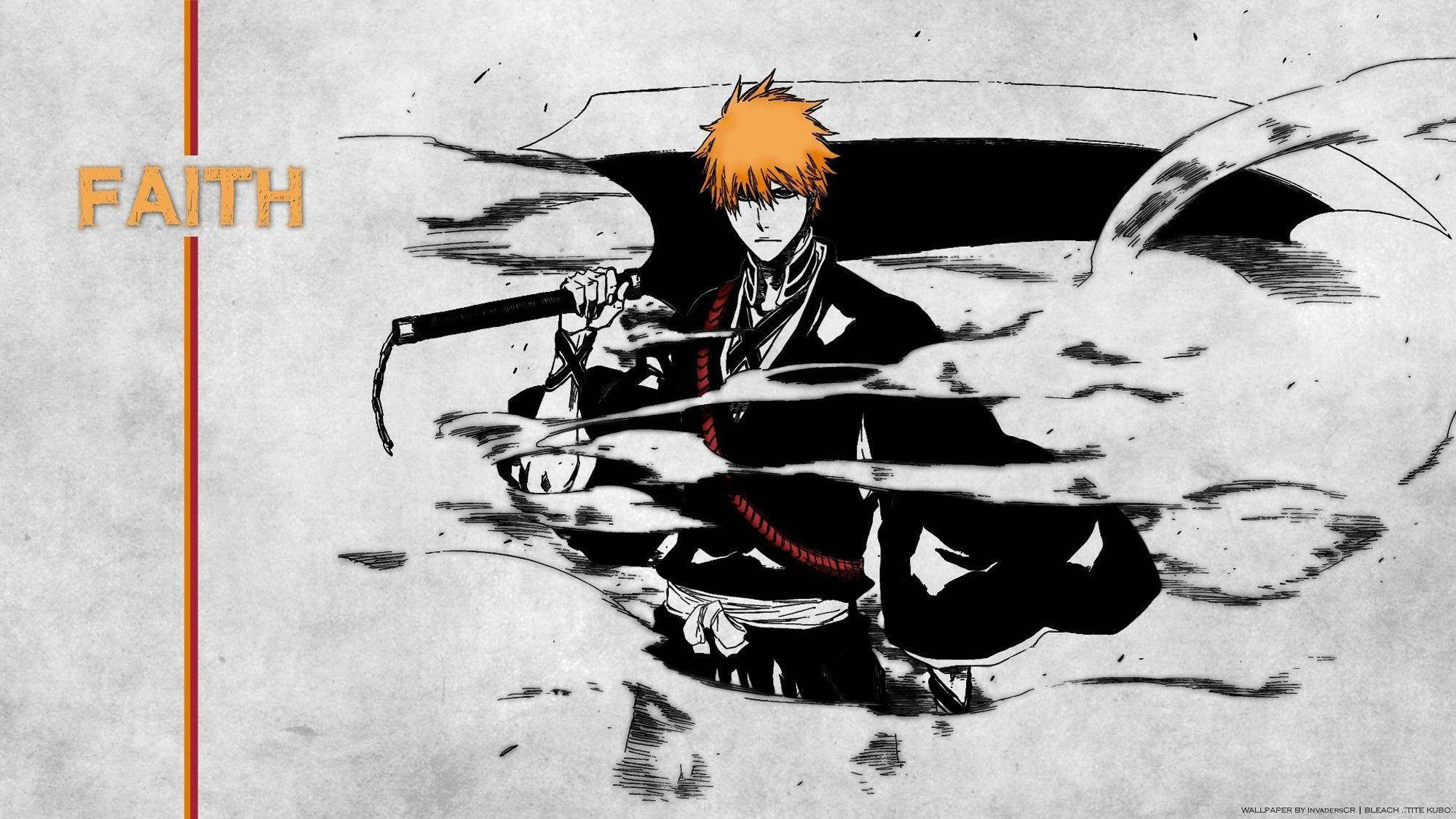Bankai 桌布 壁紙 — 一個動漫角色，有著尖刺的橙色頭髮，在旋轉的黑白能量中揮舞著劍，背景是帶有紋理的紙張。