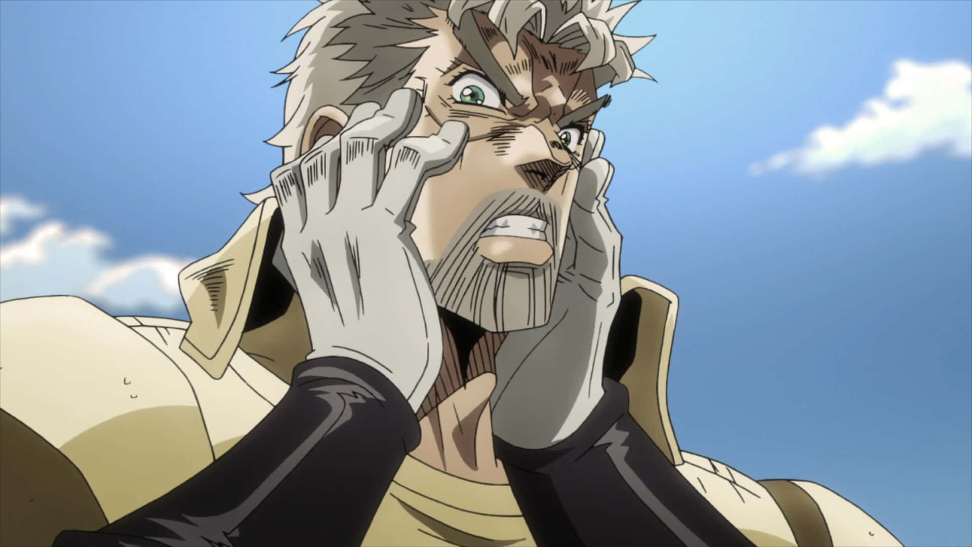 Stardust Crusaders 桌布 壁紙 — 一個動漫角色，有著尖刺的灰色頭髮和強烈的綠色眼睛，在明亮的藍天下戲劇性地特寫抓著自己的臉。
