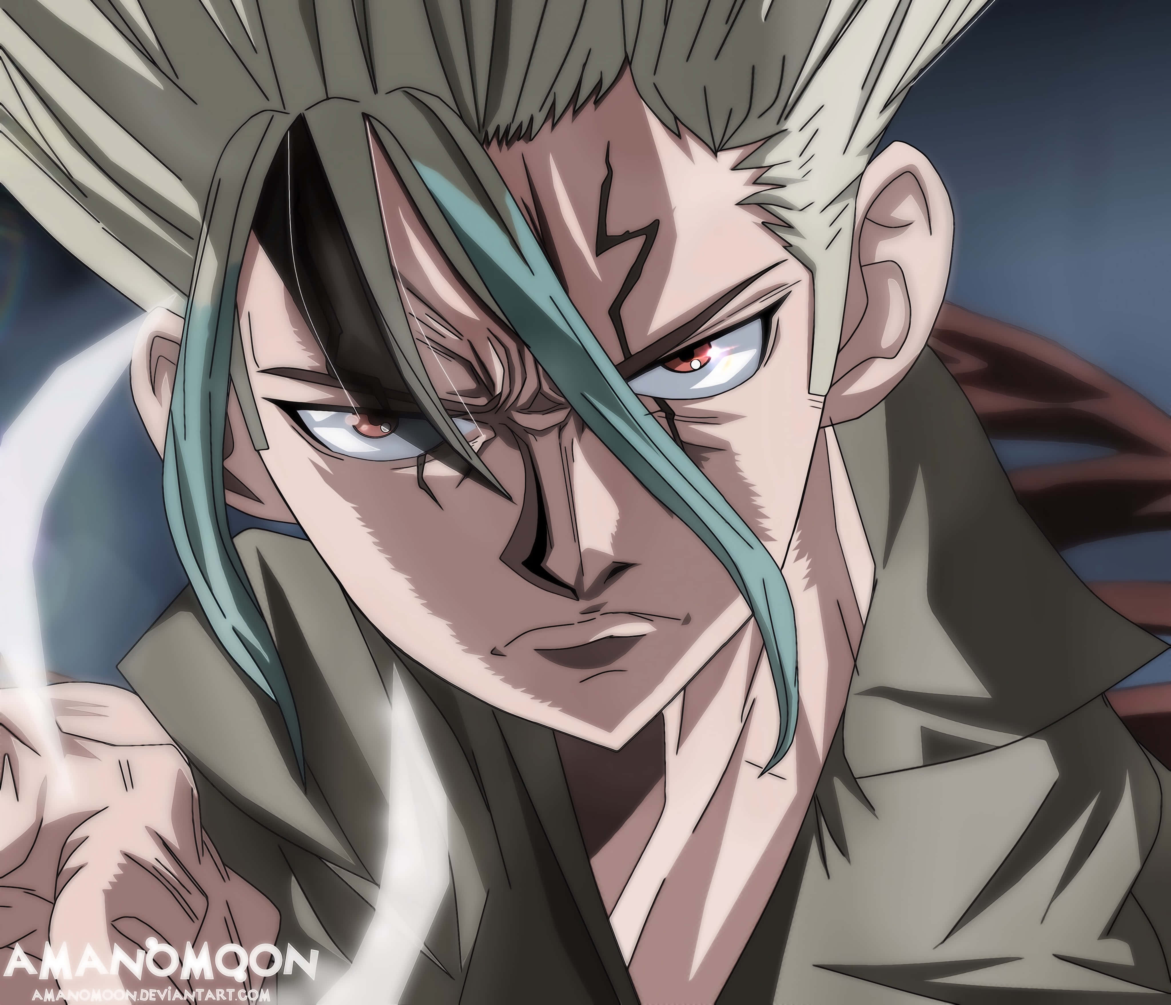Dr.STONE 新石紀 桌布 壁紙 — 一個動漫角色，有著尖刺的灰色頭髮和閃電形狀的疤痕，用發光的紅色眼睛強烈地瞪視著。