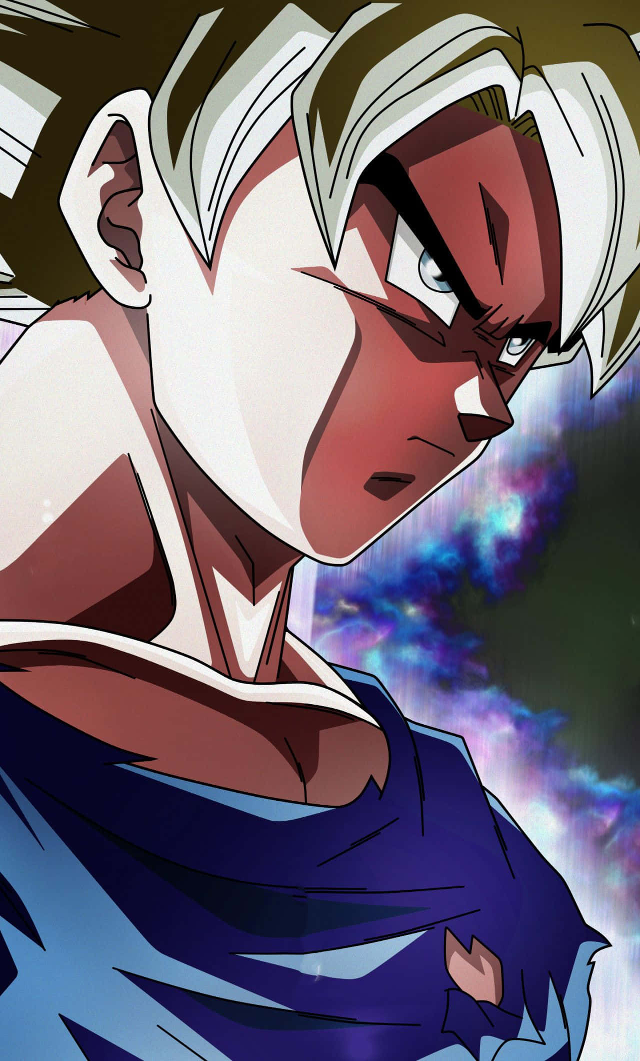 Mui Goku 桌布 壁紙 — 一個動漫角色，有著尖刺的白髮和強烈的藍色眼睛，在宇宙星雲背景下兇猛地凝視。