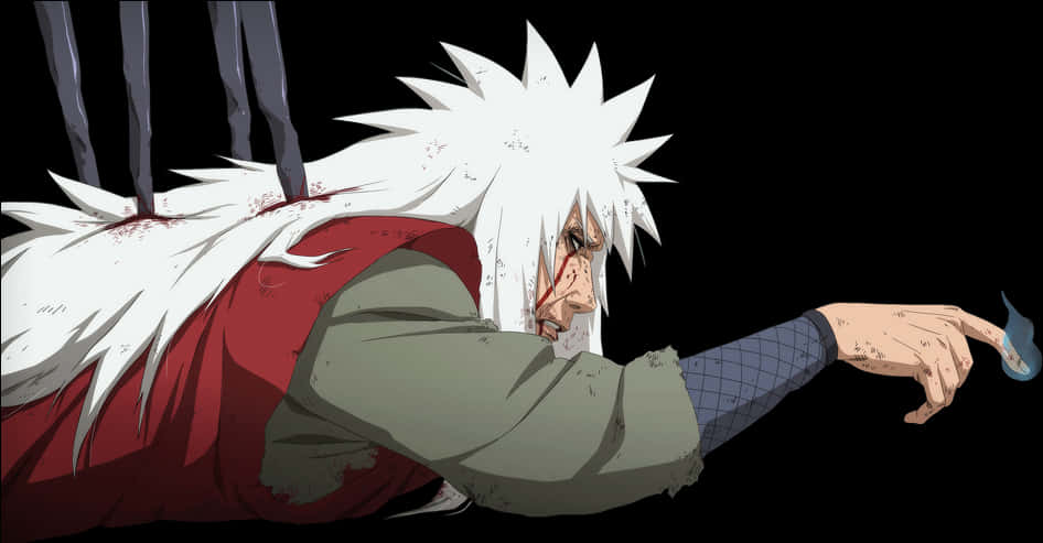 Jiraiya 4K 桌布 壁紙 — 一個動漫角色，有著尖刺的白髮和紅色背心，受傷躺在黑色背景上，伸出一隻帶有藍色查克拉的手。