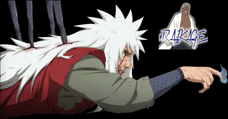 Anime Character 桌布 壁紙 — 一個動漫角色，有著尖刺的白髮和紅色背心，受傷躺在黑色背景上，角落裡有一個較小的身影。