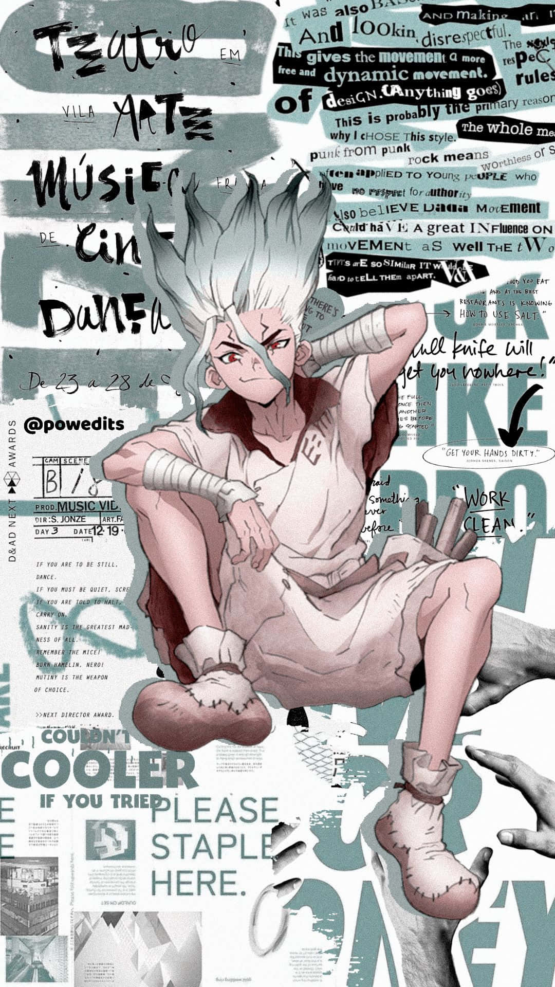 Dr.STONE 新石紀 桌布 壁紙 — 一個動漫角色，有著尖刺的白髮和纏著繃帶的手臂，坐在由文字和塗鴉組成的拼貼畫中，色調柔和。