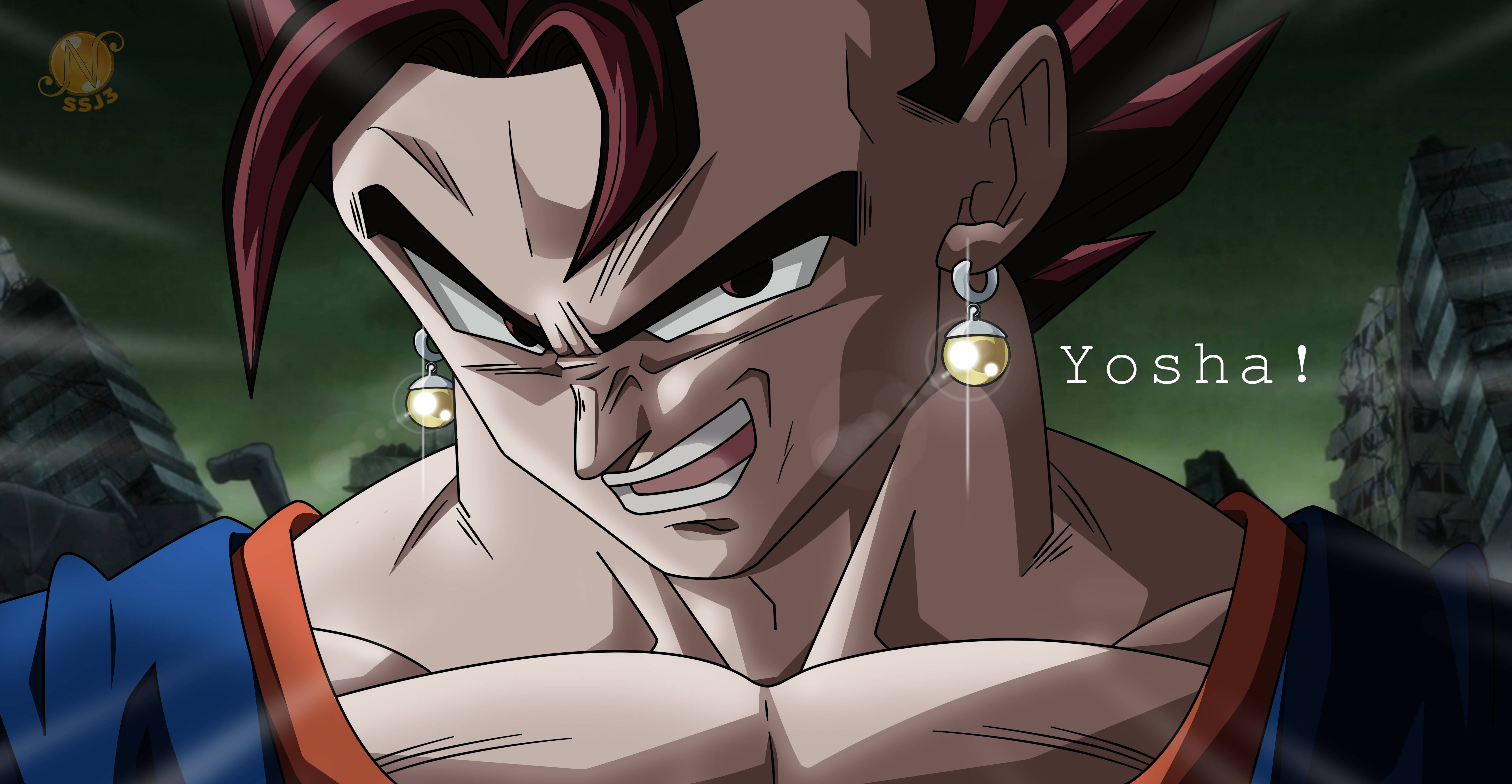 Vegito 桌布 壁紙 — 一個動漫角色，有著尖刺的紅髮和發光的耳環，在黑暗廢墟城市背景下大喊「Yosha！」
