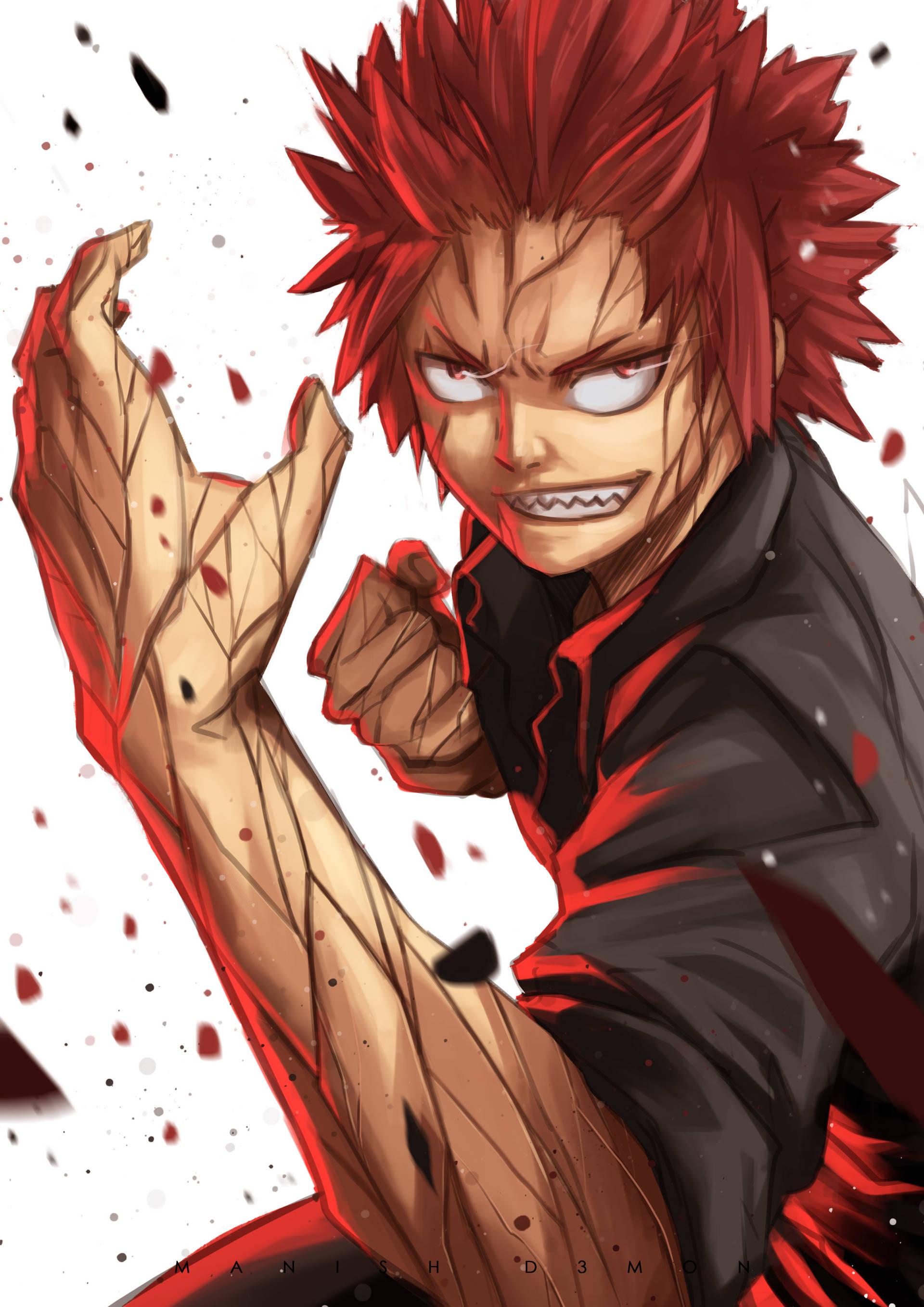 Kirishima 桌布 壁紙 — 一個動漫角色，有著尖刺的紅髮和銳利的眼神，在白色背景上帶有紅色飛濺，展示他肌肉發達的手臂。