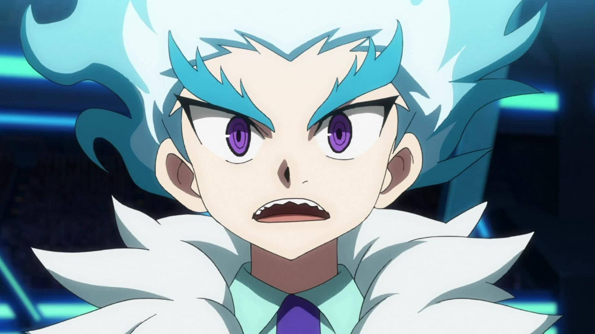 Beyblade 桌布 壁紙 — 一個動漫角色，有著尖刺的藍色頭髮和紫色眼睛，在發光的藍色背景下強烈凝視。