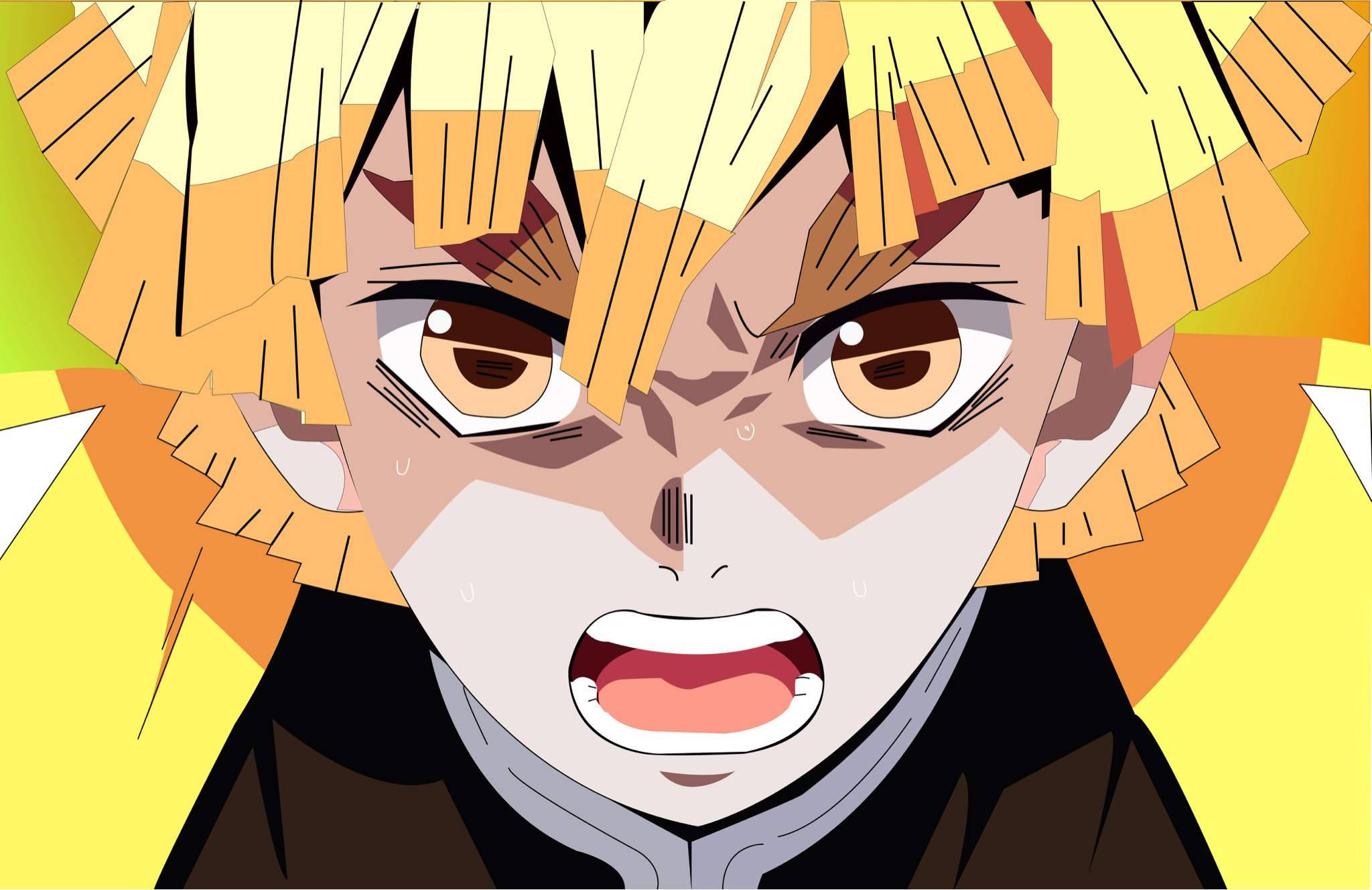 Demon Slayer Zenitsu 桌布 壁紙 — 一個動漫角色，有著尖刺的金色頭髮和強烈的棕色眼睛，咬緊牙關對著鮮黃色背景尖叫。