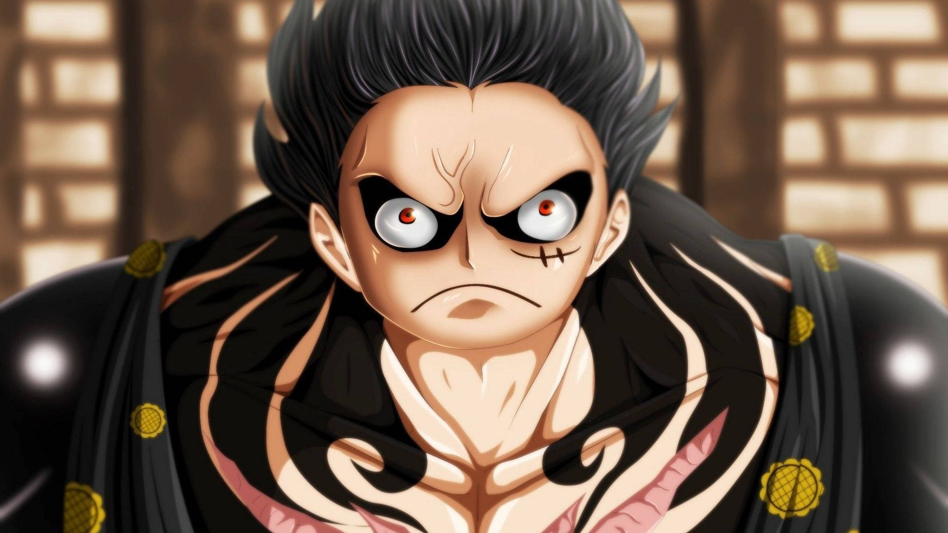 luffy gear 4 桌布 壁紙 — 一個動漫角色，有著尖刺般的黑色頭髮和強烈的紅色眼睛，在特寫鏡頭中兇狠地凝視。