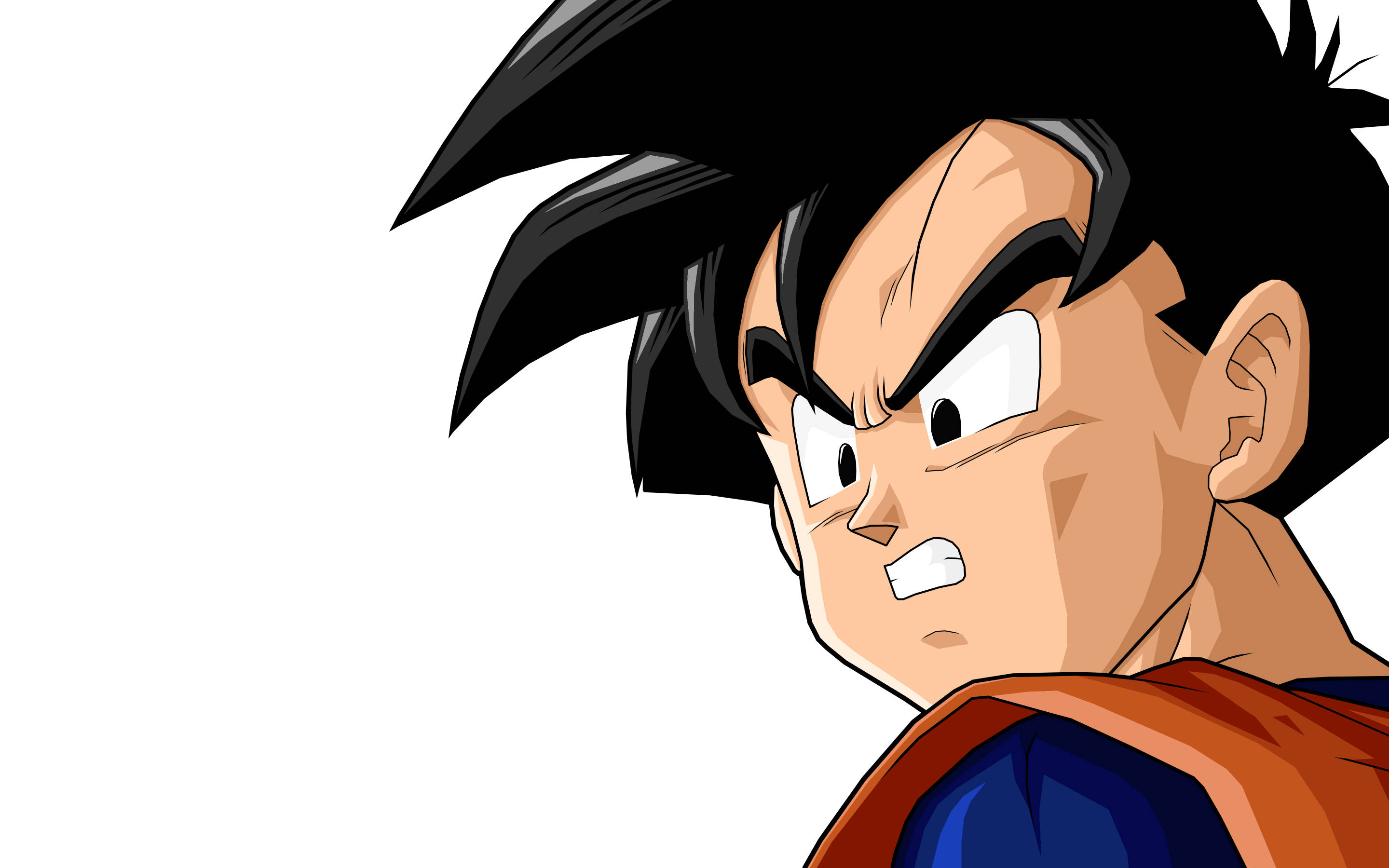 Gohan 桌布 壁紙 — 一個動漫角色，有著尖刺般的黑色頭髮和強烈的表情，穿著橙色和藍色的服裝，背景是純白色。