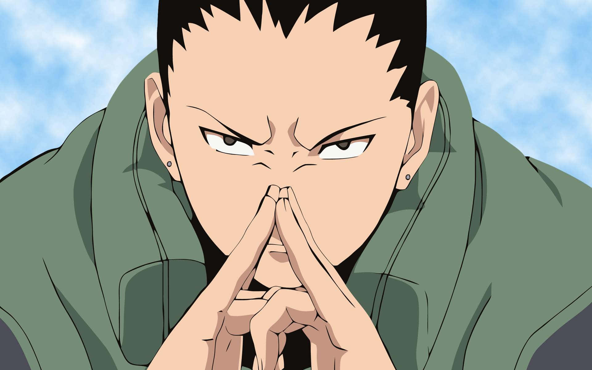 Shikamaru Nara 桌布 壁紙 — 一個動漫角色，有著尖刺般的黑髮和銳利的眼神，在藍天背景下結手印。