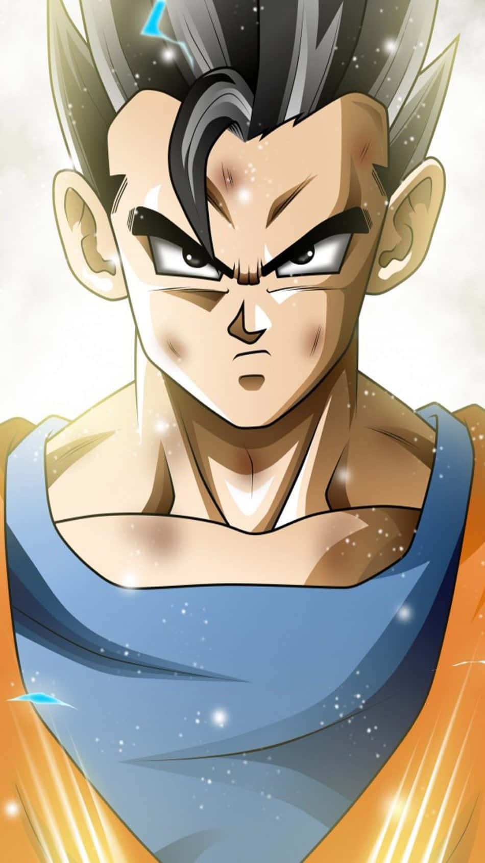Dragon Ball iPhone 桌布 壁紙 — 一個動漫角色，有著尖刺般的黑髮和銳利的眼神，穿著藍色和橙色的道服，背景閃閃發光。