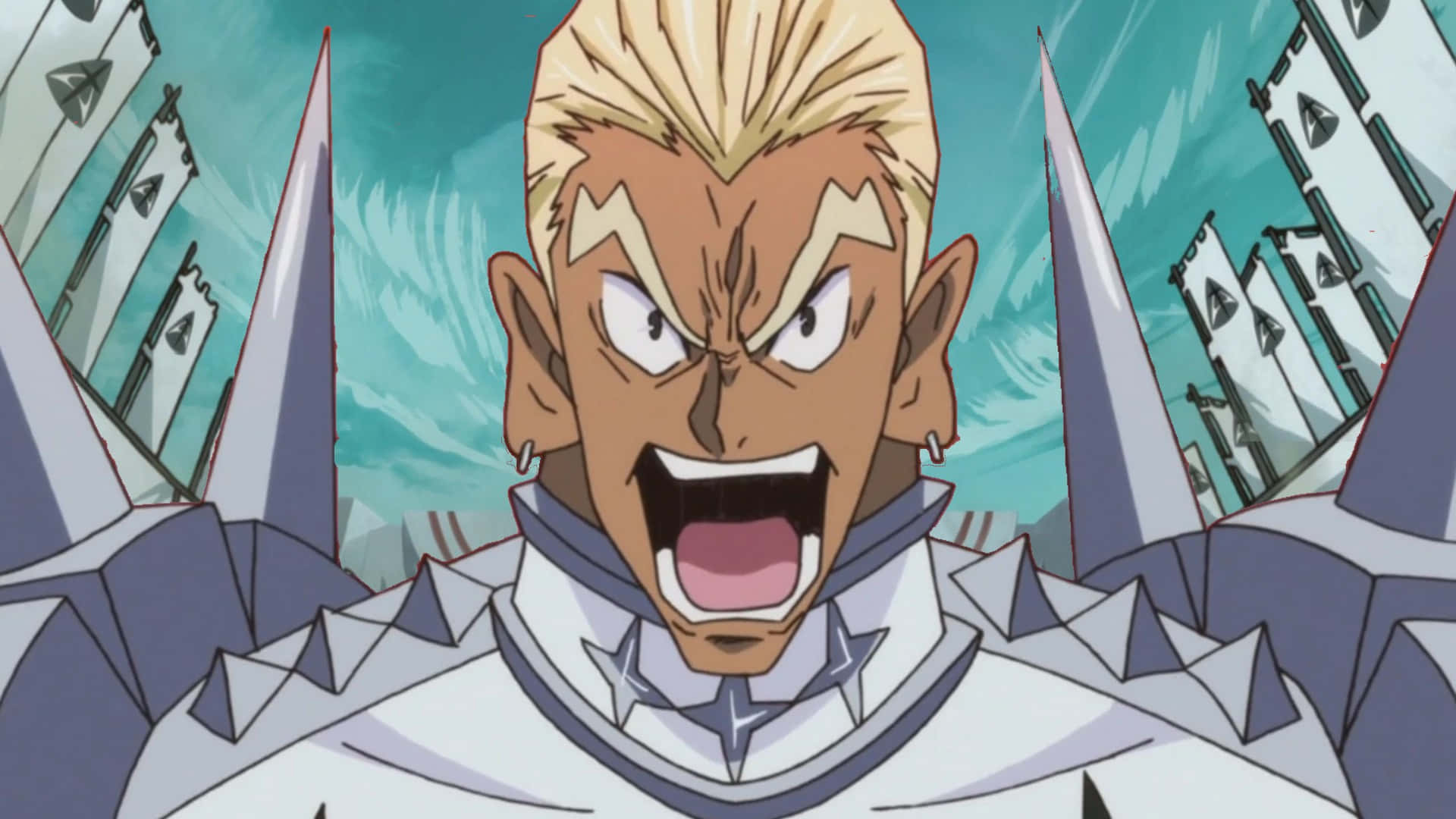 Ira Gamagoori 桌布 壁紙 — 一個動漫角色，有著尖刺金髮和兇猛表情，穿著尖刺盔甲對著青綠色天空大喊。