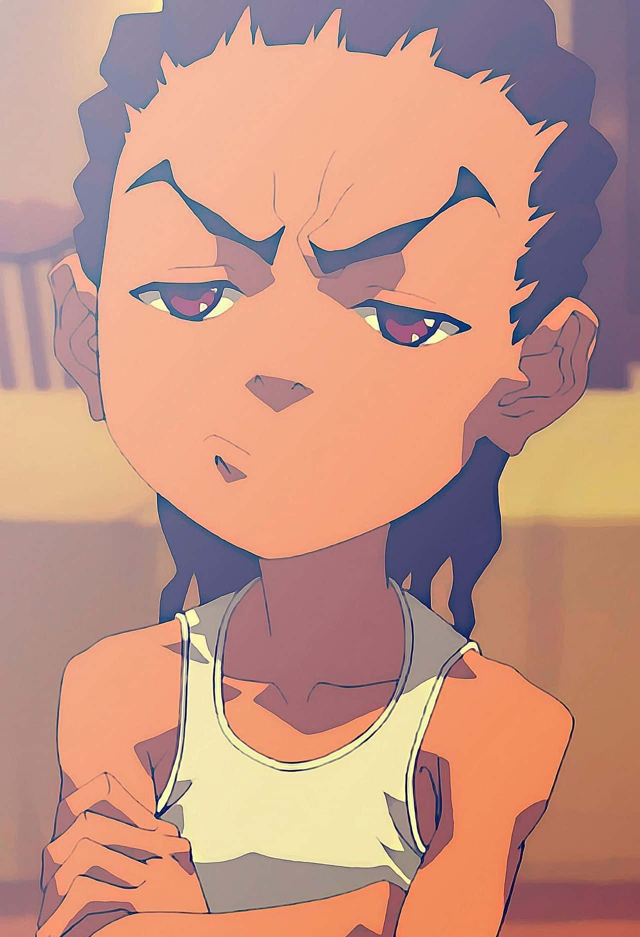 Black Cartoon Characters 桌布 壁紙 — 一個動漫角色，有著尖刺頭髮和憤怒的眼睛，在溫暖照明的室內場景中強烈凝視。