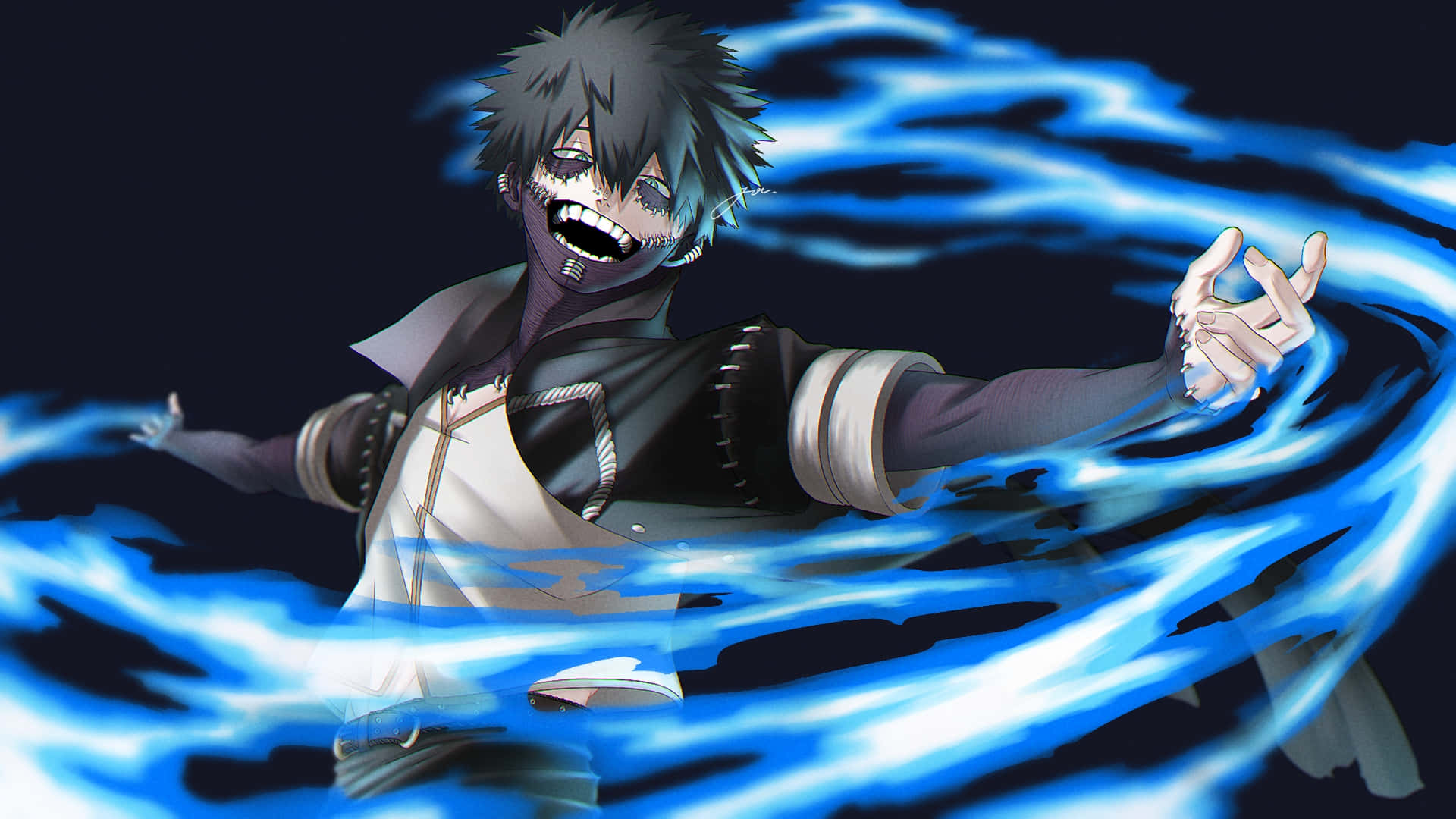 Tenya Iida 桌布 壁紙 — 一個動漫角色，有著尖刺頭髮和燦爛的笑容，在黑暗背景中引導發光的藍色能量。