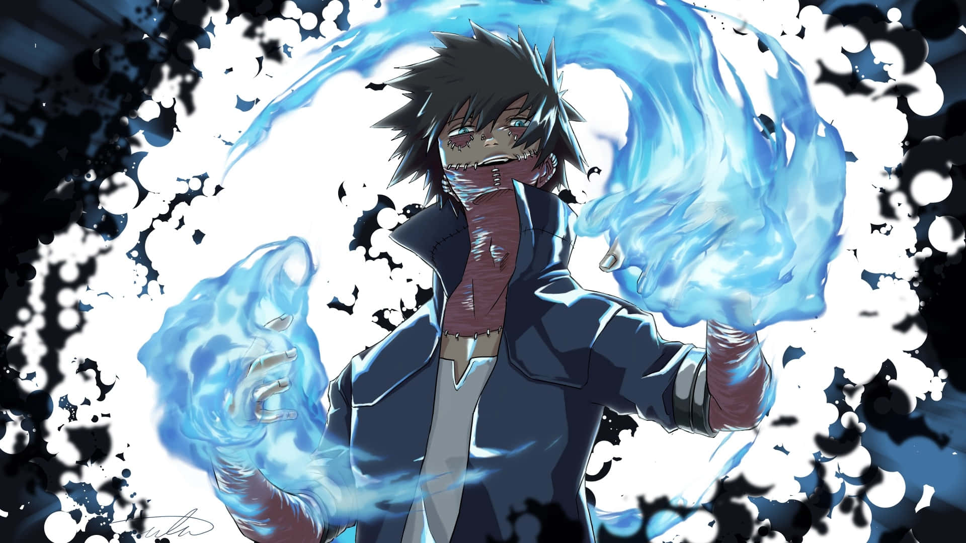 Dabi Boku No Hero 桌布 壁紙 — 一個動漫角色，有著尖刺頭髮和繃帶臉，在黑白潑濺背景前以動態姿勢引導發光的藍色能量。
