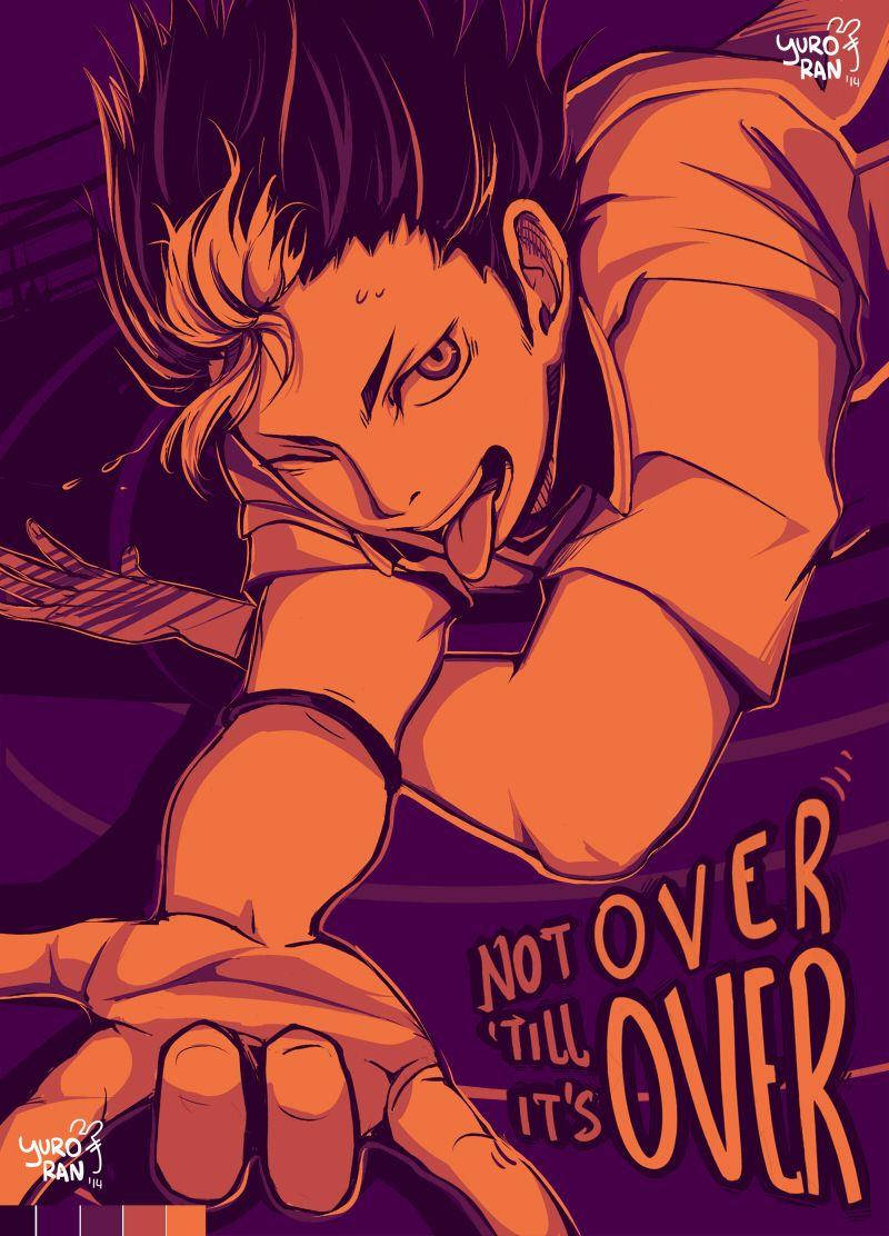 yu nishinoya 桌布 壁紙 — 一個動漫角色，有著尖刺頭髮和銳利眼神，在紫色背景前伸出舌頭向前傾。