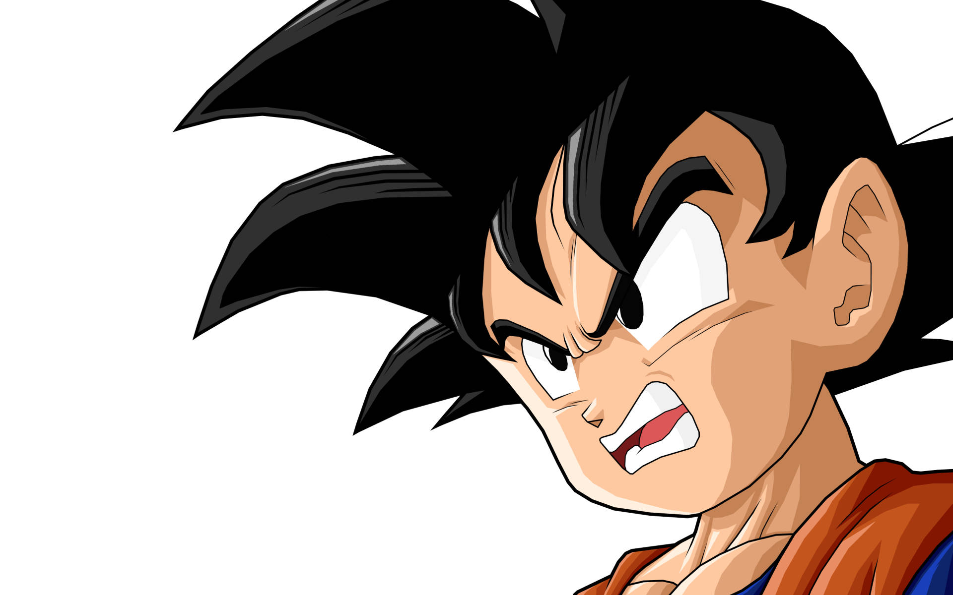 Goten 桌布 壁紙 — 一個動漫角色，有著尖刺黑髮和強烈表情，穿著橙色道服，背景為純白色。