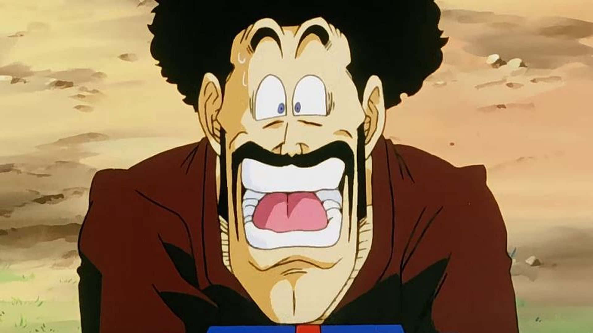Hercule Satan 桌布 壁紙 — 一個動漫角色，有著狂野的頭髮和鬍子，在沙地背景上睜大眼睛尖叫。