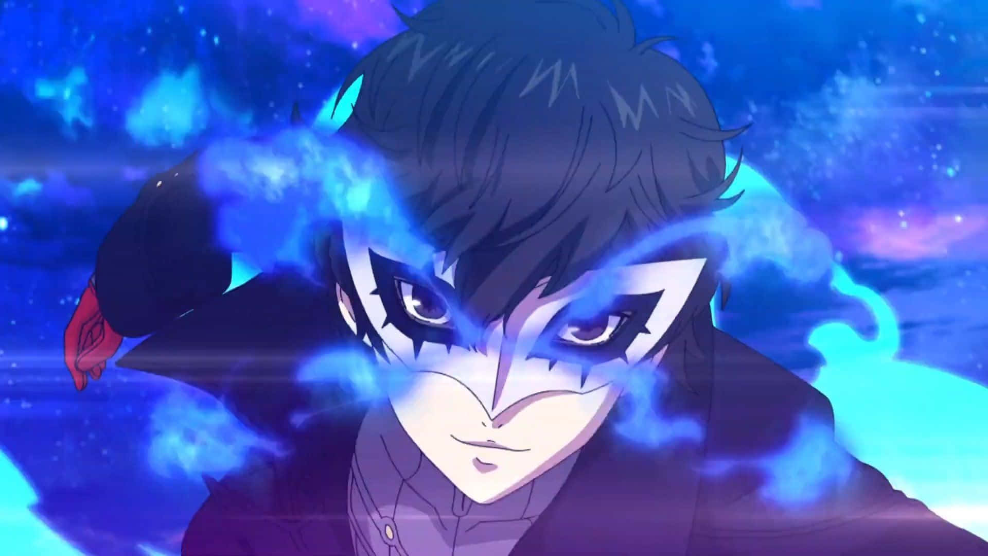 Persona 5 Strikers 桌布 壁紙 — 一個動漫角色，深色頭髮，發光的藍色能量漩渦環繞著他的臉，背景是宇宙藍色和紫色的星空。