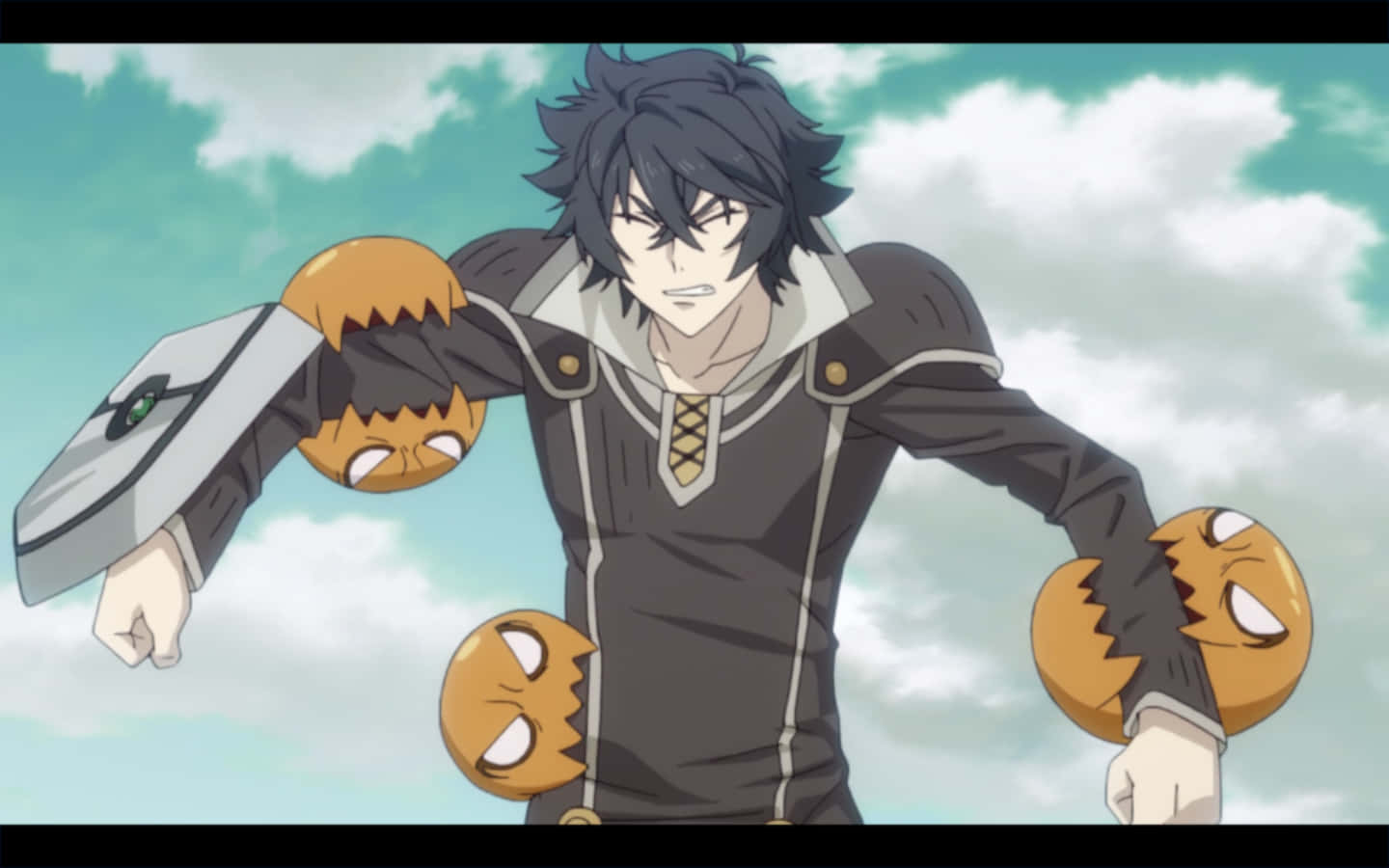Shield Hero 桌布 壁紙 — 一個動漫角色，深色頭髮，表情堅定，站在多雲的天空下，揮舞著帶有南瓜狀附件的機械手臂。