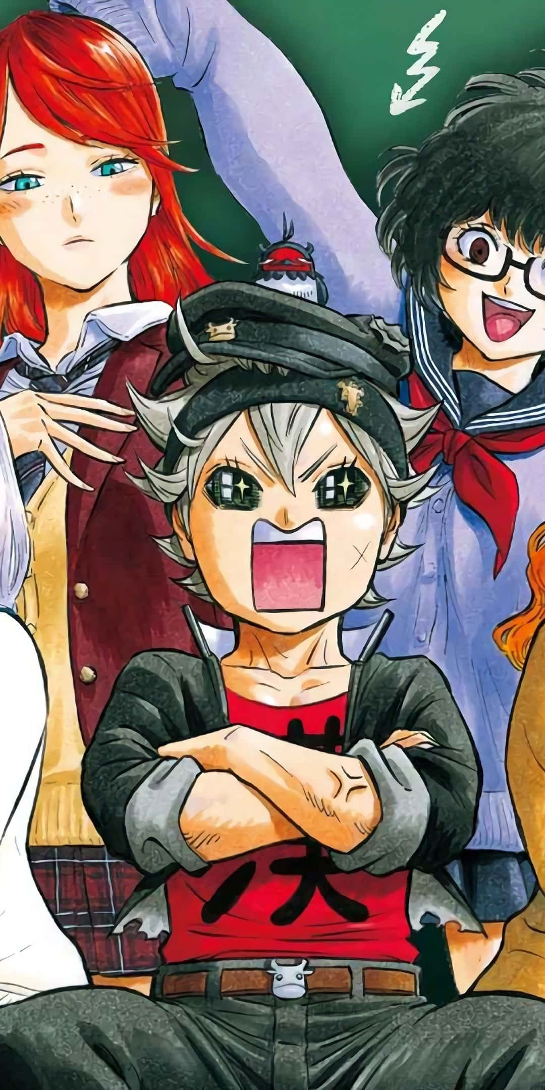 Black Clover Anime 桌布 壁紙 — 一個動漫角色，灰色刺蝟頭，身穿紅色襯衫，交叉雙臂憤怒地大喊，另外兩個動漫角色在旁觀看。
