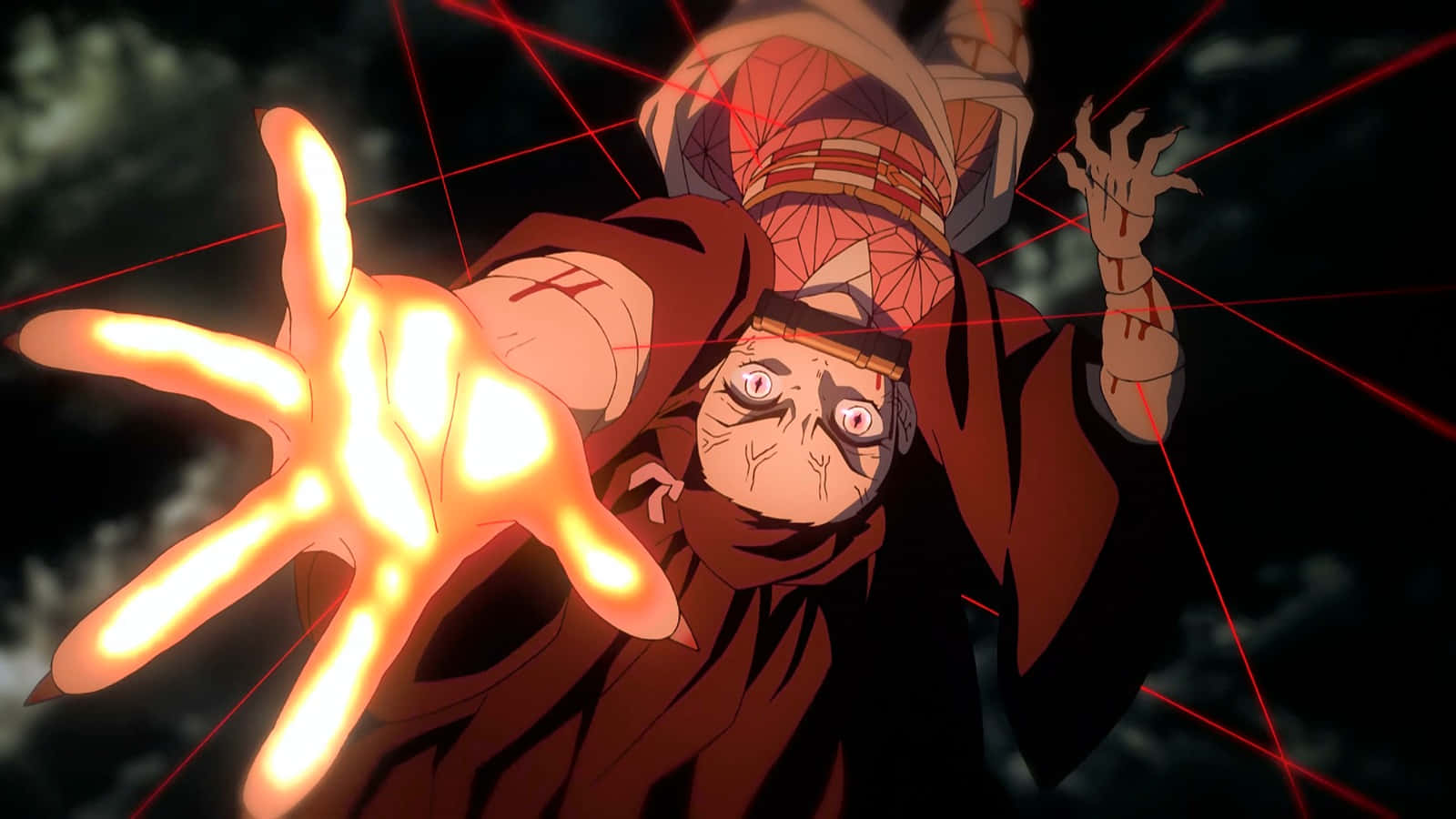 Demon Slayer Corps 桌布 壁紙 — 一個動漫角色，發光的橙色手掌和紅色雷射光束向觀眾延伸，背景是陰暗多雲的天空。