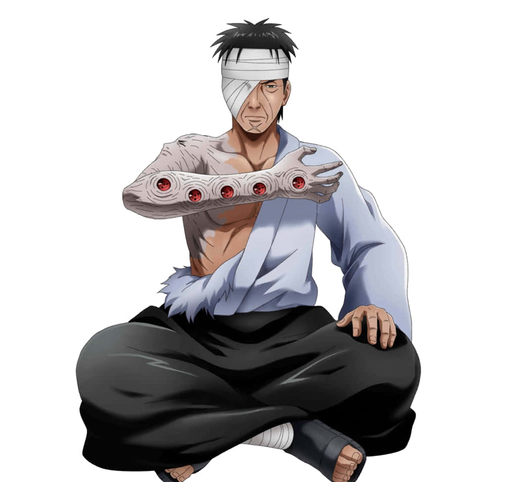 Danzo Shimura 桌布 壁紙 — 一個動漫角色，眼睛纏著繃帶，手臂上有紅色環，以專注的姿勢盤腿而坐。