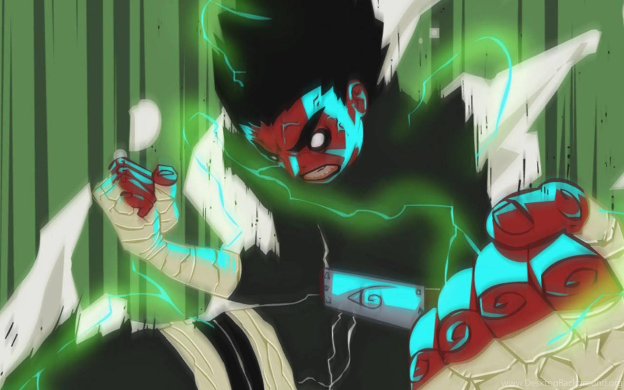Rock Lee 桌布 壁紙 — 一個動漫角色，臉上塗有紅色和藍色顏料，在條紋綠色背景前以動態姿勢引導綠色閃電能量。