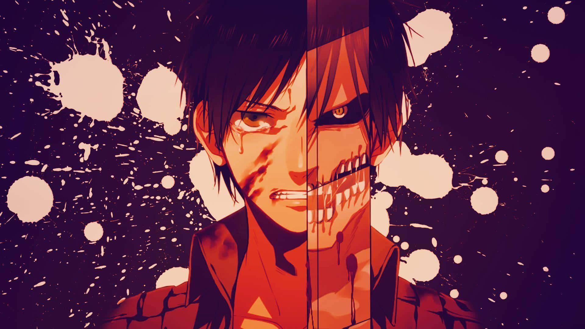 Attack On Titan Titan Eren 桌布 壁紙 — 一個動漫角色，臉部一分為二，一邊正常，另一邊像怪物，帶有血跡，背景為深紫色。