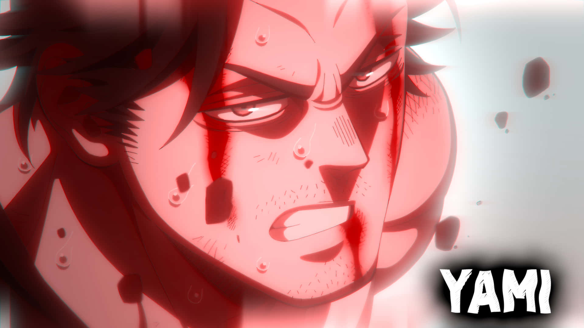 Black Clover Yami 桌布 壁紙 — 一個動漫角色，表情憤怒，在強烈的紅光下，臉上滴著血。
