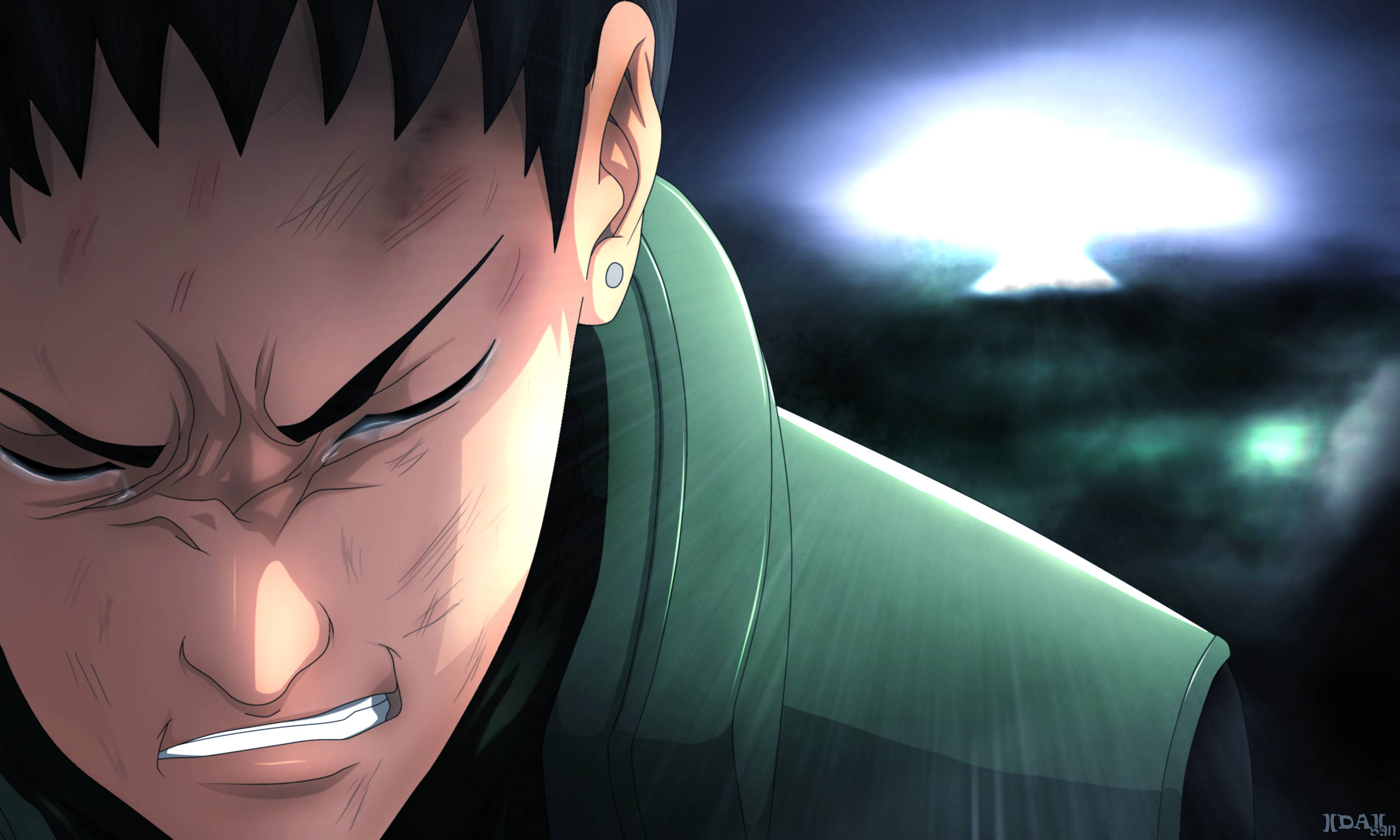 Shikamaru 桌布 壁紙 — 一個動漫角色，表情猙獰，咬緊牙關，在發光的藍色背景下凝視著。