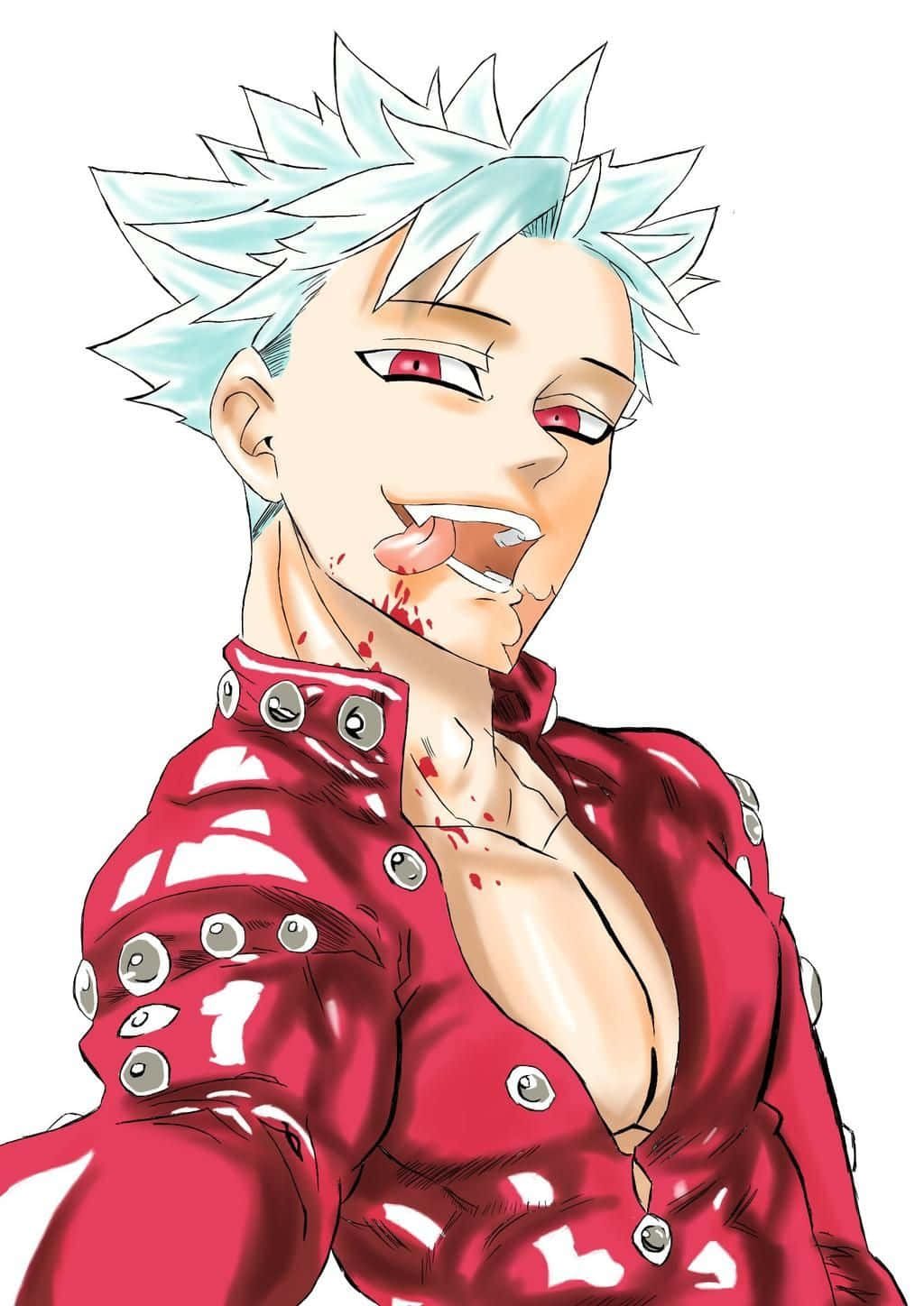 Seven Deadly Sins Ban 桌布 壁紙 — 一個動漫角色，頭髮尖刺，紅眼睛，臉上帶血，穿著紅色鉚釘外套，背景為白色。