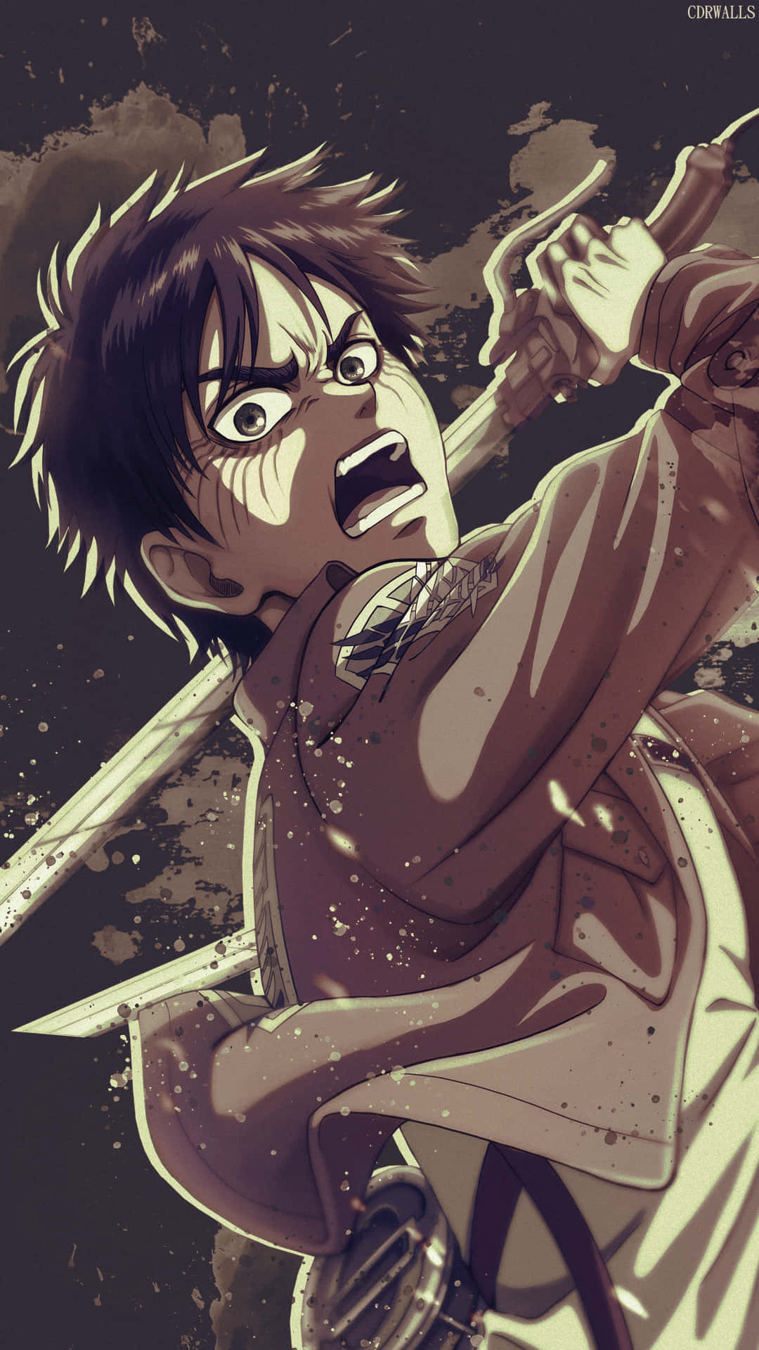 Attack On Titan Titan Eren 桌布 壁紙 — 一個動漫角色，頭髮狂野，眼神凌厲，在黑暗粗糙的背景中揮劍吶喊。