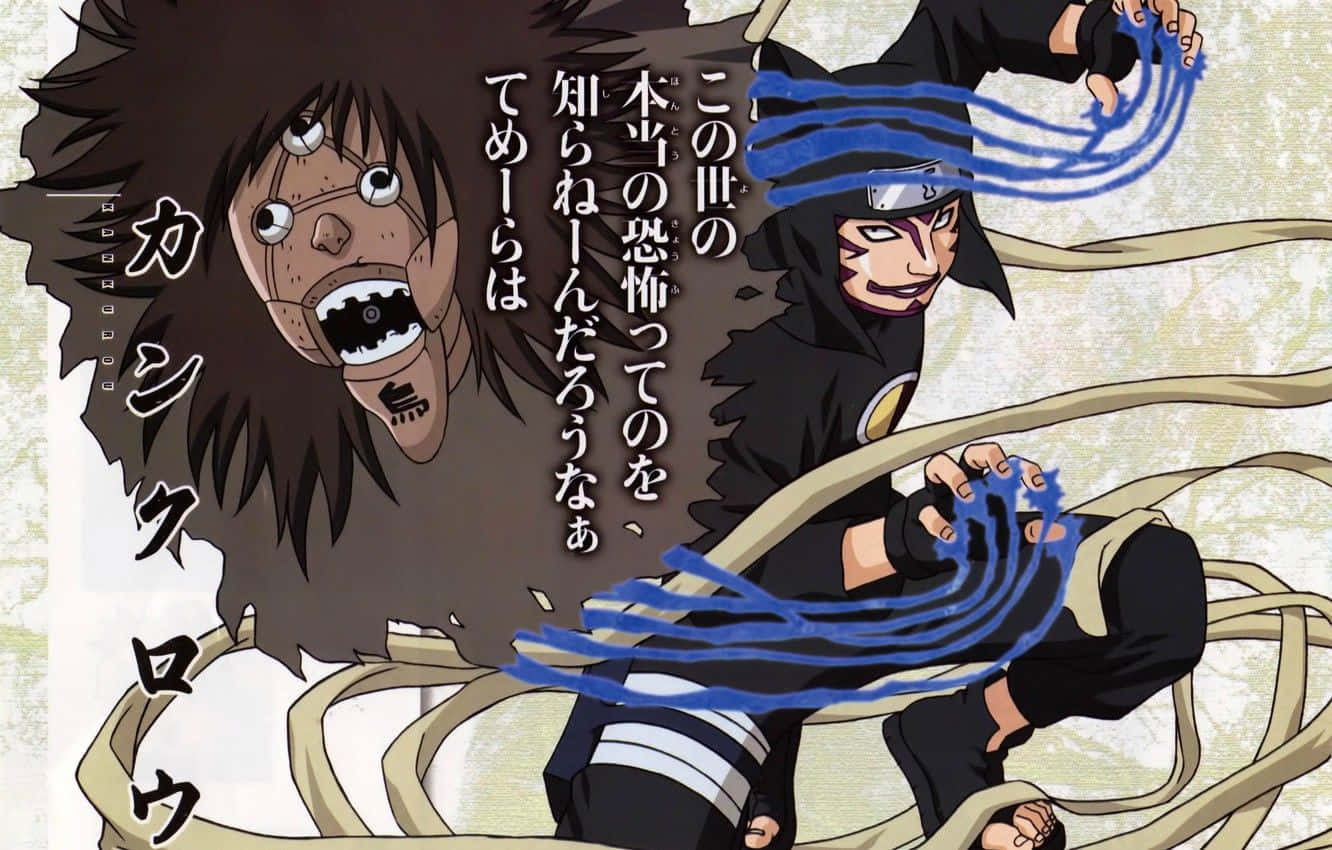 Kankuro 桌布 壁紙 — 一個動漫角色，頭髮狂野，露出陰險的笑容，操控著藍色查克拉線，而他身後有一張驚恐的臉在尖叫。