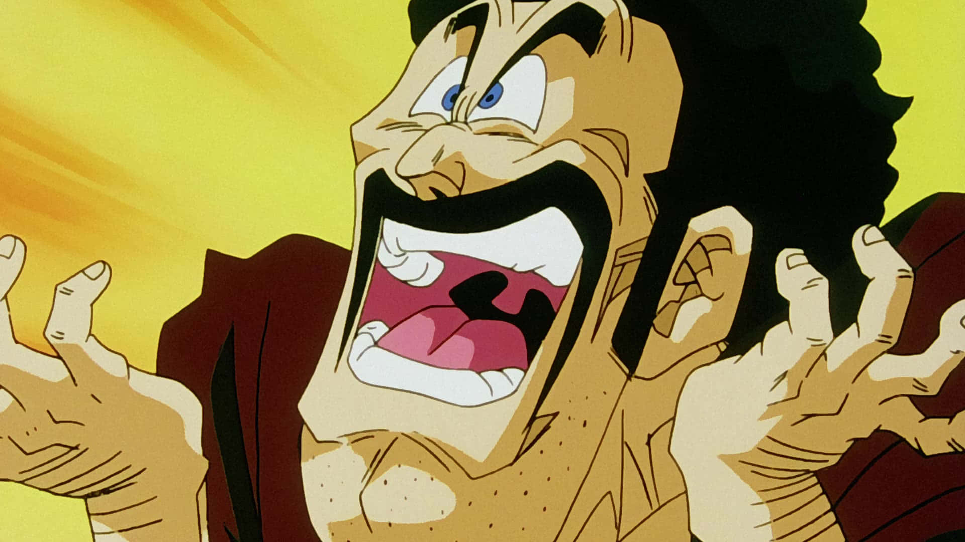 Hercule Satan 桌布 壁紙 — 一個動漫角色，頭髮蓬亂，留著鬍子，雙手高舉，對著耀眼的黃色背景尖叫。