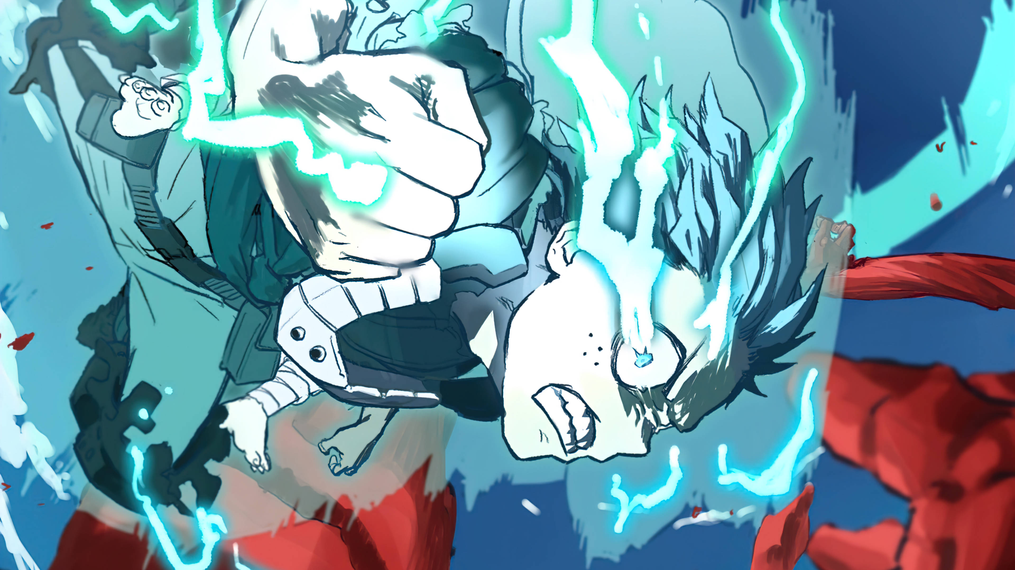Villain 桌布 壁紙 — 一個動漫角色在充滿動感的動作場景中，釋放出發光的藍色能量拳，背景帶有紅色和藍色元素。