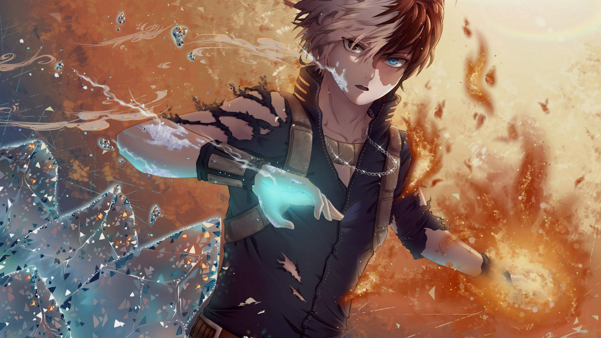 Todoroki Aesthetic 桌布 壁紙 — 一個動漫角色在動態戰鬥場景中揮舞冰與火，伴隨著破碎的玻璃和發光的能量效果。