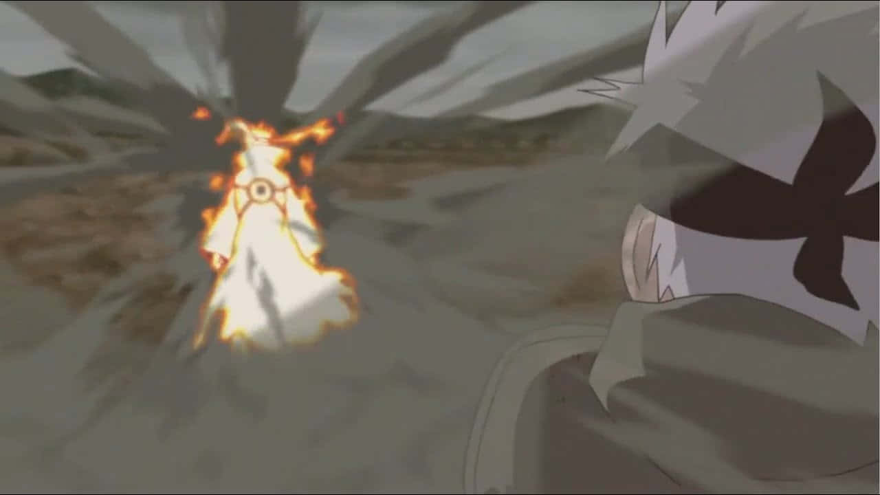 Kakashi And Minato 桌布 壁紙 — 一個動漫角色在塵土飛揚的戰場上釋放出熾熱發光的技術，而另一個角色則專注地觀看。
