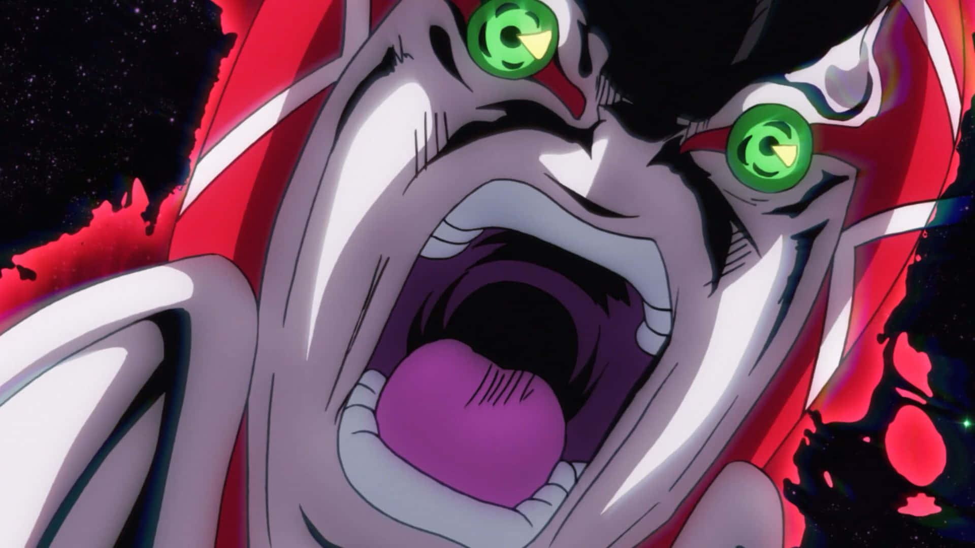 Jojo King Crimson 桌布 壁紙 — 一個動漫角色在宇宙紅黑背景下尖叫的特寫，眼睛發出綠色光芒，舌頭呈紫色。