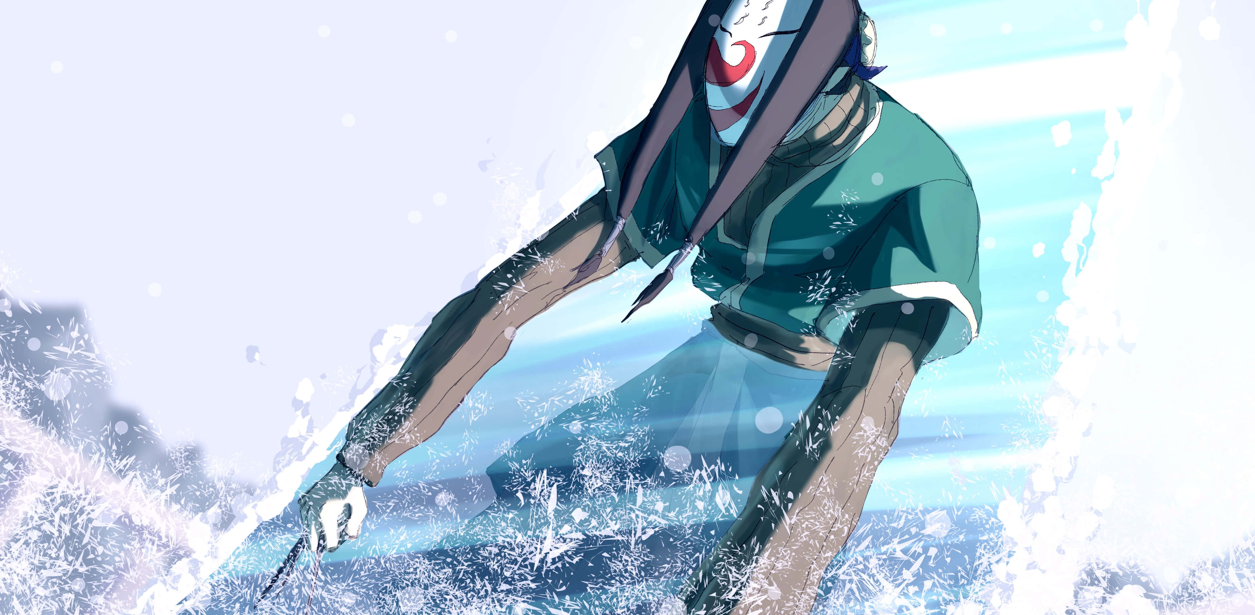 Naruto Haku 桌布 壁紙 — 一個動漫角色在明亮的日光下衝浪，周圍水花四濺，乘著巨浪。