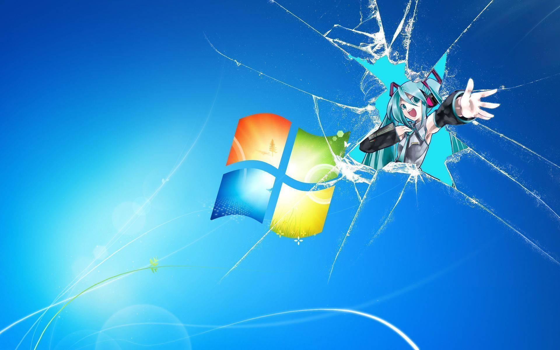 miku 桌布 壁紙 — 一個動漫角色在明亮的藍色背景上，衝破Windows標誌上的碎玻璃效果。