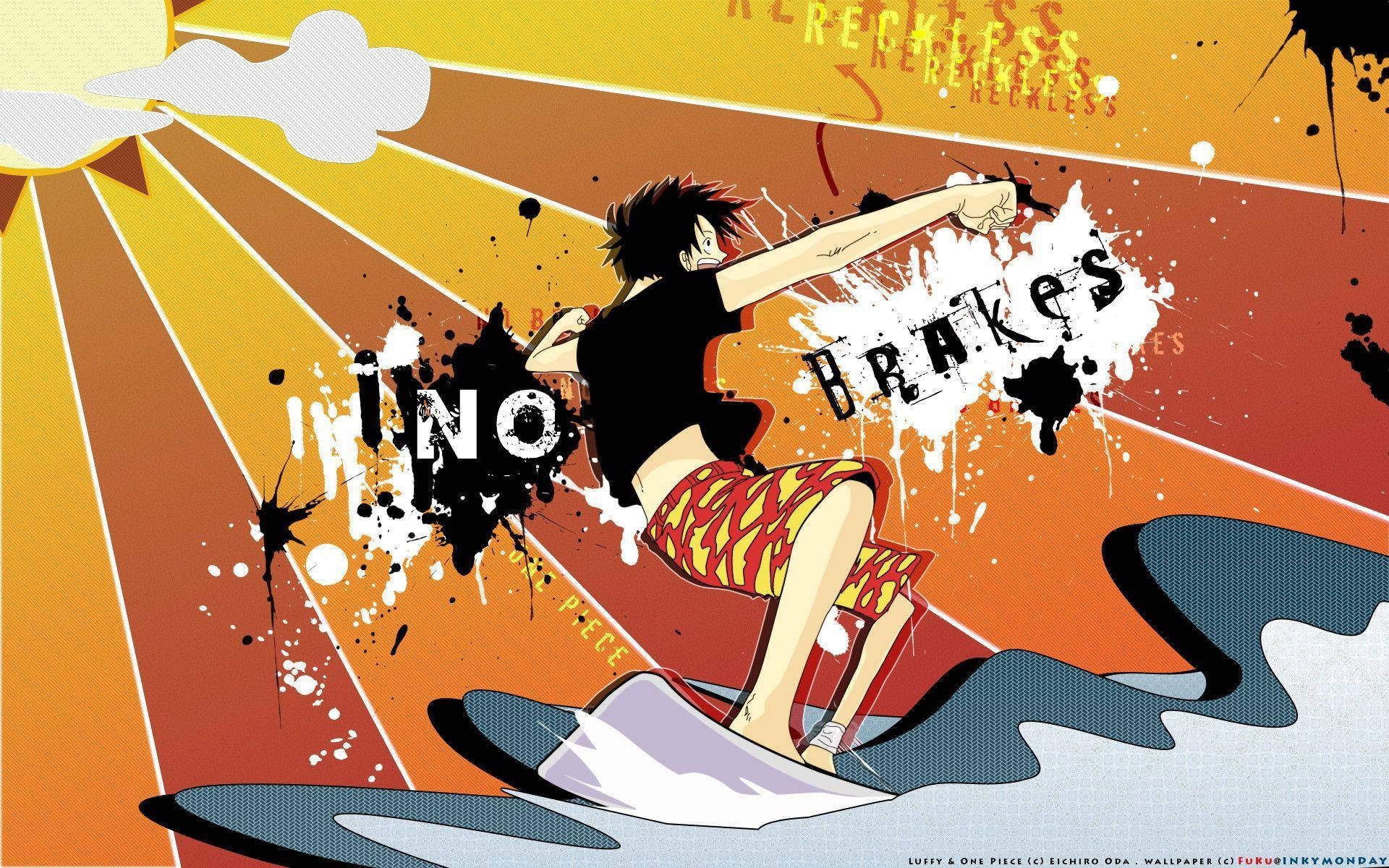 Luffy 桌布 壁紙 — 一個動漫角色在波浪上衝浪，帶有大膽的潑濺藝術和火熱的橙色太陽爆發背景。