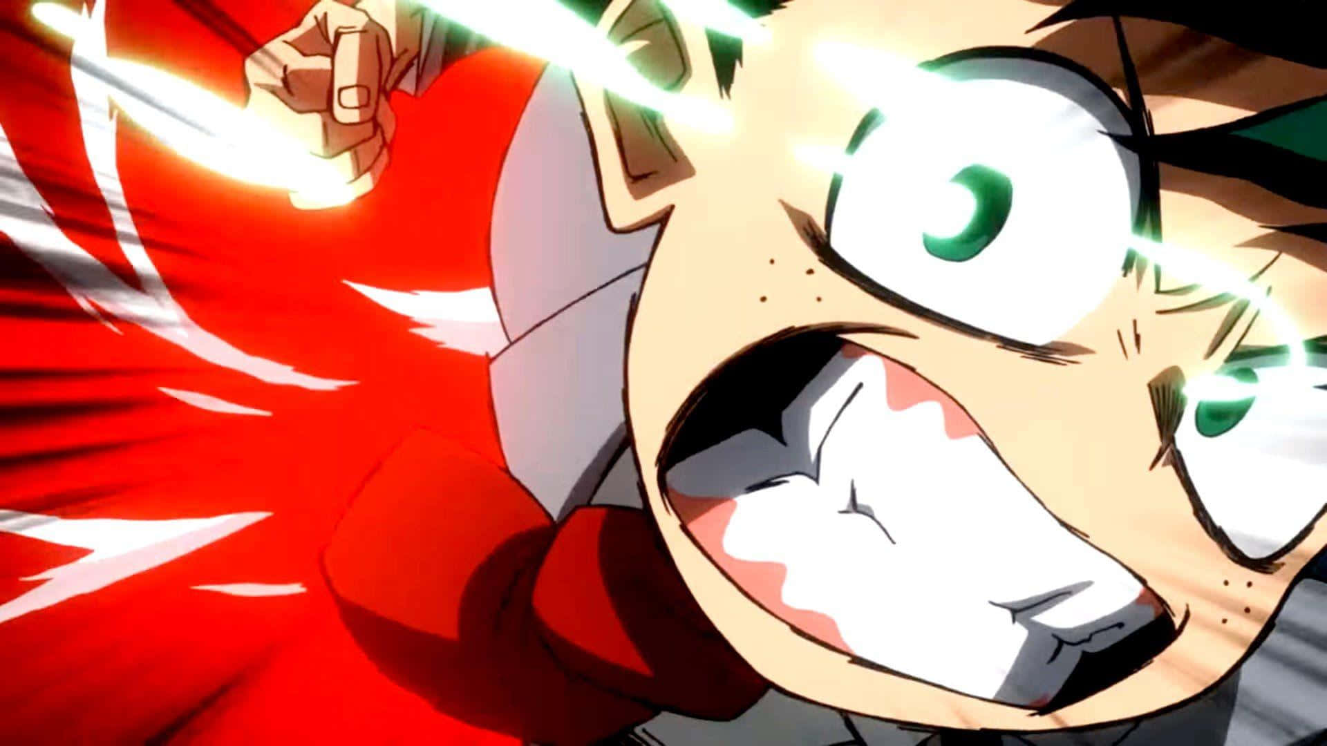 My Hero Academia Deku 桌布 壁紙 — 一個動漫角色在火紅背景前，睜著發光的綠色眼睛，握緊拳頭尖叫。