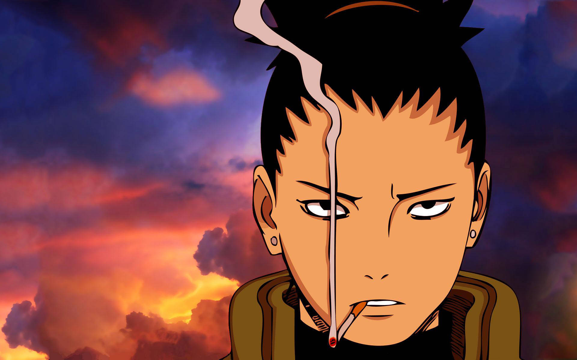 Shikamaru 桌布 壁紙 — 一個動漫角色在熾熱的日落天空下，嘴唇間夾著一根冒煙的香煙。