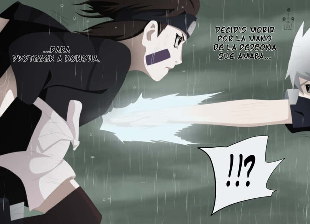 Kakashi And Rin 桌布 壁紙 — 一個動漫角色在雨中向另一個表情震驚的角色釋放出發光的劍擊。