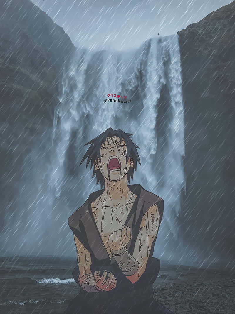 Sasuke Manga 桌布 壁紙 — 一個動漫角色在雨中對著霧氣繚繞的懸崖前的大型瀑布挑釁地大喊。