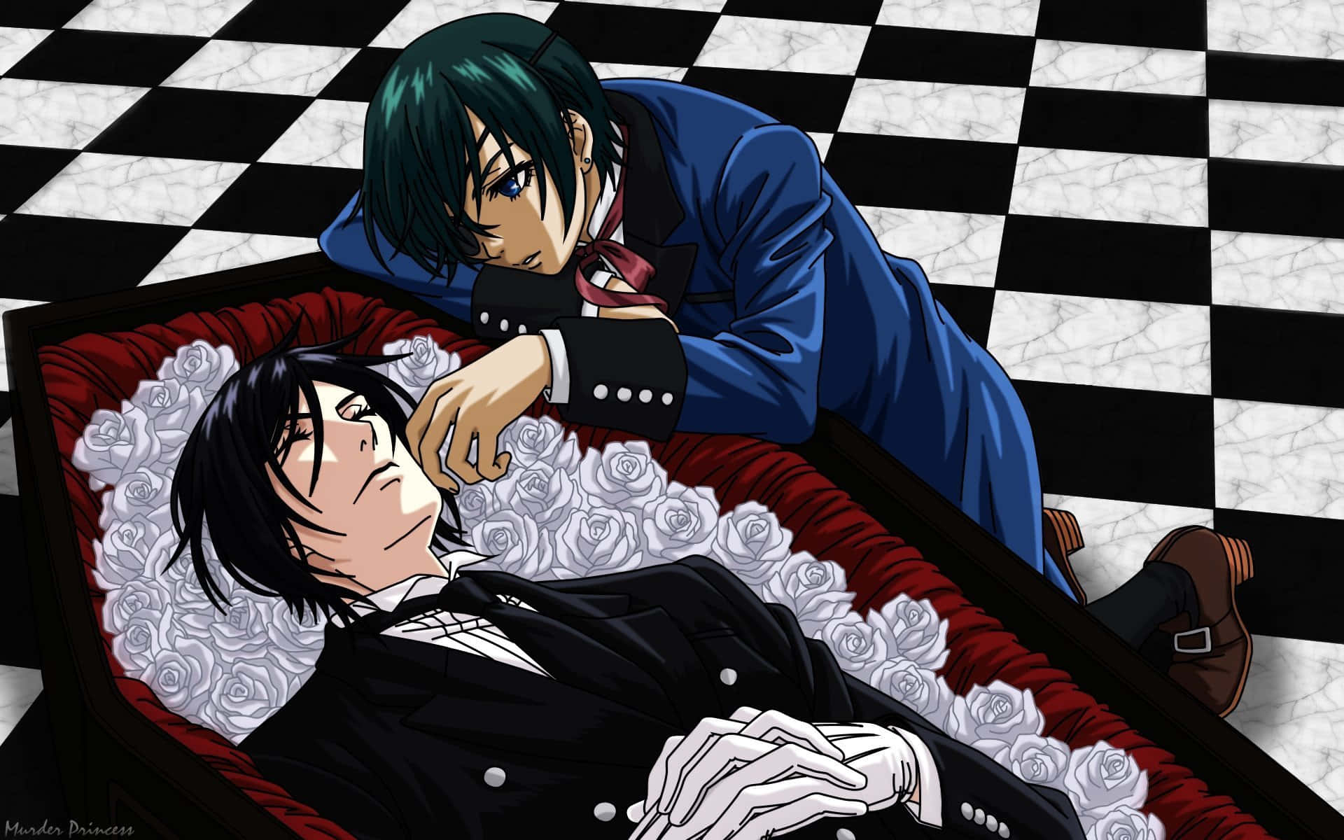 Black Butler 桌布 壁紙 — 一個動漫角色在黑白棋盤格地板上，俯身於一個鋪滿白玫瑰的棺材中的另一個角色之上。