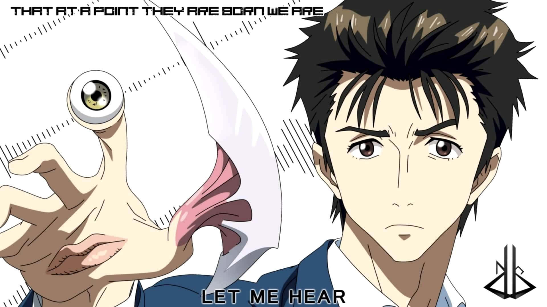 Parasyte 桌布 壁紙 — 一個動漫角色專注地凝視著，一個只有一隻眼睛和嘴唇的超現實生物從他的肩膀上出現。